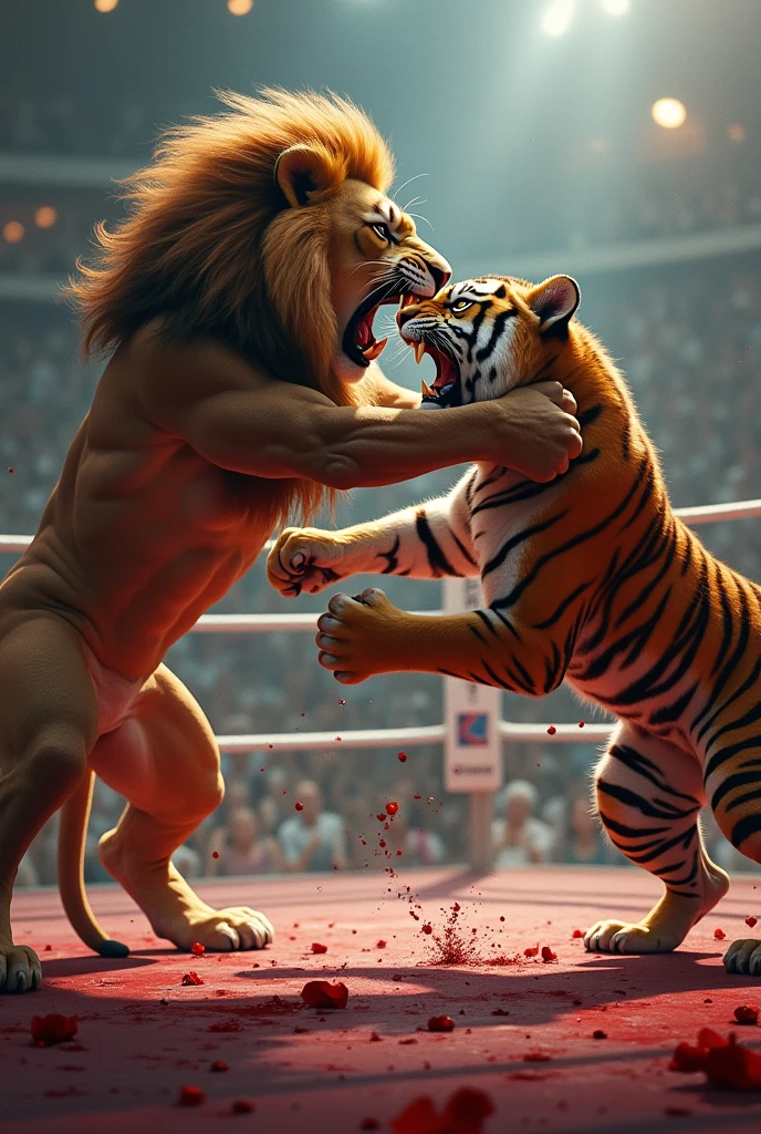 In a WWE ring, a tiger with a human muscular body is delivering a spear move to a lion with a human muscular body. The tiger has an intense, striped face and a powerful, muscular build, charging forward with its shoulder aimed at the lion's midsection. The lion, with a fierce face, thick mane, and equally muscular body, is being lifted off the ground from the impact. The wrestling ring is surrounded by a cheering crowd under bright stadium lights, emphasizing the intensity and drama of the wrestling match."