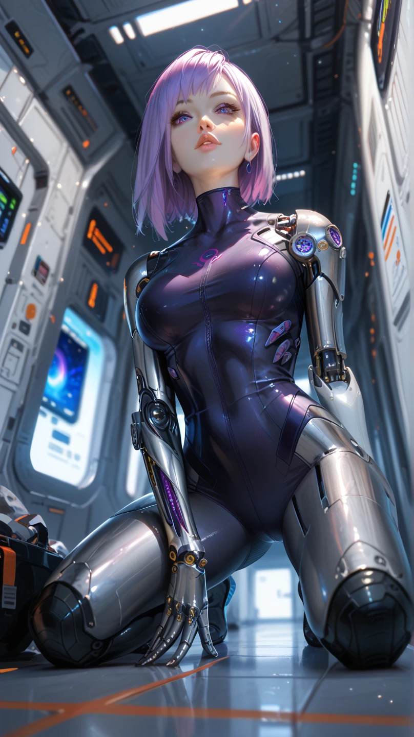 best quality,4k,highres,masterpiece:1.2),ultra-detailed,realistic,sexy,cybernetic woman,beautiful detailed eyes,beautiful detailed lips,unique hairstyle,music lover,listening to music,full-chested,futuristic spaceship,galaxy,sci-fi,headphones,sleek design,vibrant colors,illuminated interior,advanced technology,sophisticated interfaces,hovering in space,atmospheric lights,reflective surfaces,high-tech gadgets,2girls.
