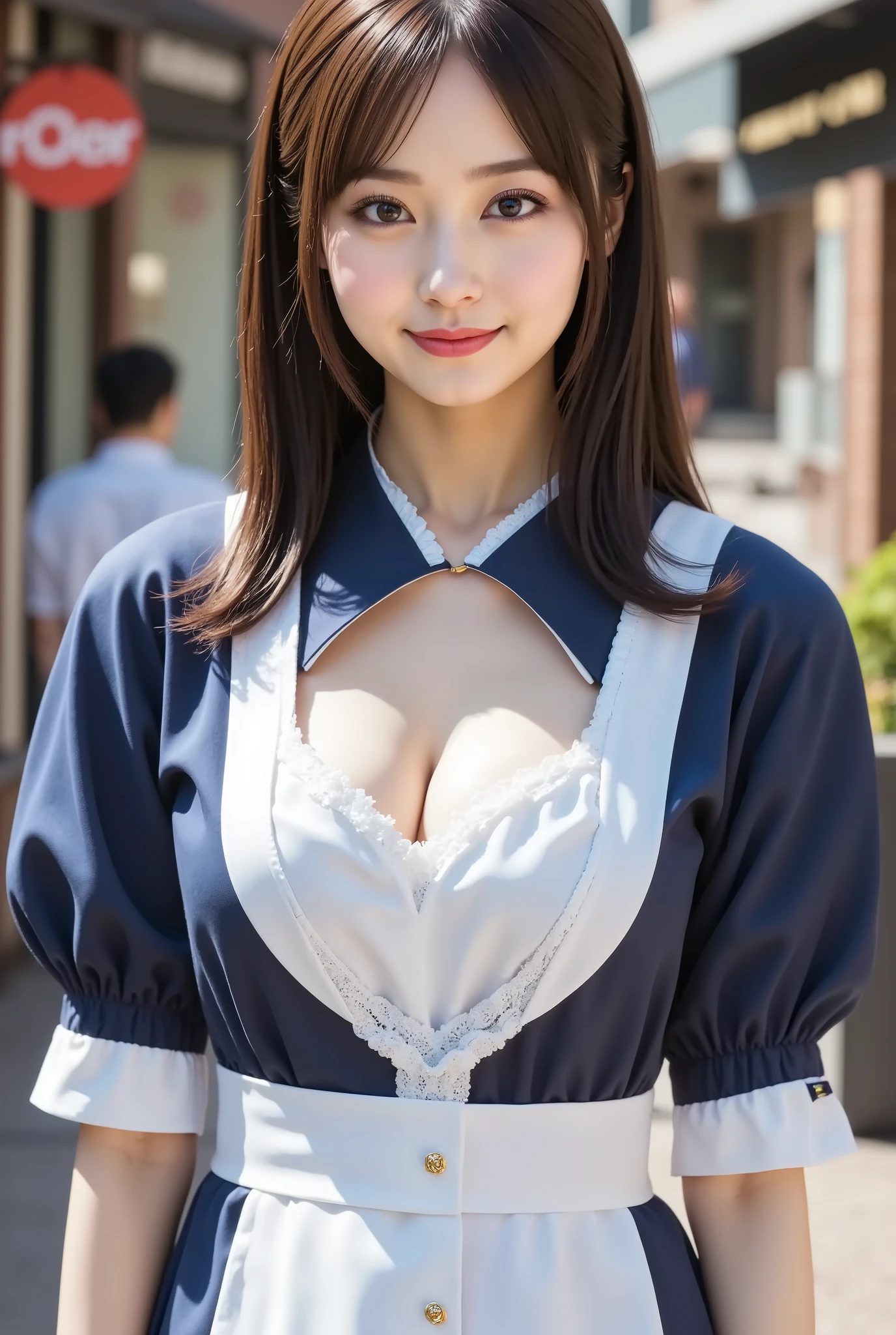 firm breast, cleavage, by adjusting the framing so the subject's full head is visible within the composition, a highly detailed and realistic digital illustration of a female character in a stylized military-inspired fantasy outfit, realistic high-resolution photograph of a woman in an outdoor urban setting, captured just below the shoulders, positioned entirely within frame to avoid head cropping. she is wearing a classic European-inspired maid uniform in deep navy blue with white lace accents and puffed sleeves. the dress features a high collar with scalloped lace trim, a ruffled white border framing a large oval cut-out in the chest area, and a wide apron. delicate white lace panels run vertically down the bodice, detailed with subtle embroidery and fastened with small gold buttons. the fabric appears to be a structured yet soft material, showing slight tension along seams and gentle folds around the shoulders and sleeves. the sleeves are voluminous and gathered at the shoulders, finished with white cuffs that contrast against the dark fabric. the uniform’s neckline and chest framing are symmetrical, and the ruffles cast soft shadows, adding dimension and realism to the scene. each fold and seam reflects light naturally to show the depth and texture of the clothing. the apron wraps at the waist, enhancing the structured appearance of the outfit. the background includes elements of a sunlit city street with defocused pedestrians, signage, and urban structures, suggesting a casual cosplay or promotional event. lighting is natural and bright, casting even illumination across the costume while highlighting the textures of lace and cloth. subtle shadows fall under the ruffles and around the button placket. ensure her head is fully visible within the frame and the background shows depth and realistic outdoor light reflections. the rendering must capture crisp embroidery, fabric texture variation, and the three-dimensional layering of costume elements to achieve a photo