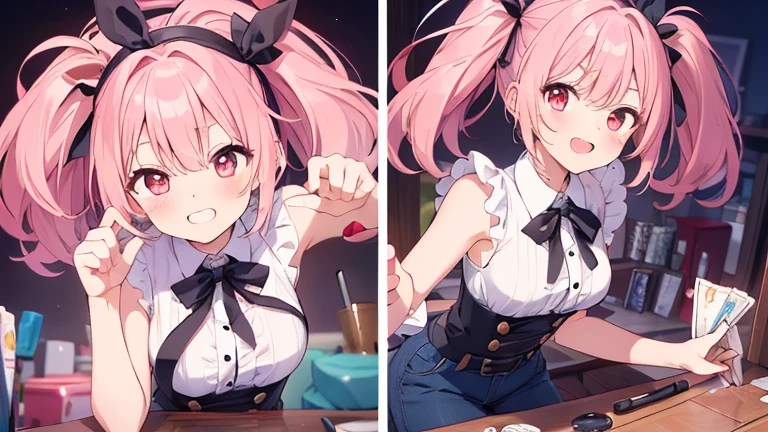 Girl with pink hair, long double-tailed hairstyle, ((small pink bushy eyebrows)), wearing lolita clothing, marked vagina, lolicon (Zankuro) drawing style by zankuro artist, Zancro style, image uploaded to R34, flirty smile , ((showing the pubes)) in a restaurant, facing the camera, camera from above, looking with a very flirtatious face, with her breasts out, inviting to have sex with her legs open, stretching her hands to be taken in her arms