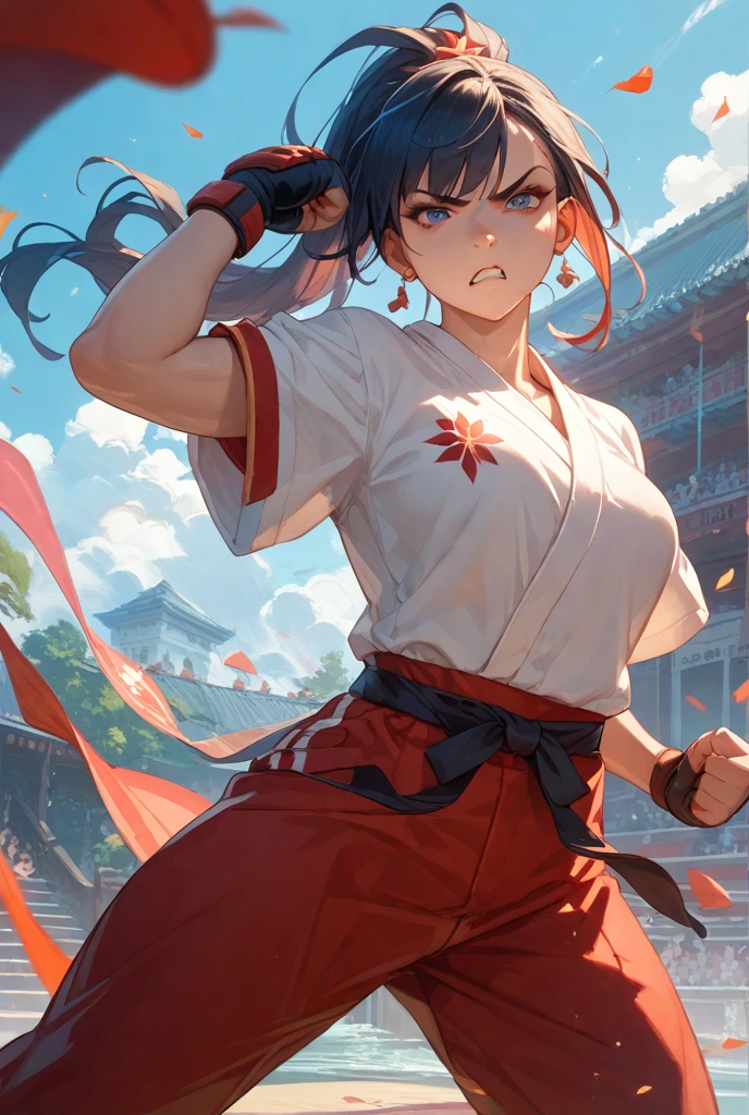 One person, Karate Stance,High Kick,Black Hair, ponytail, Slim body,Small breasts,Bad mood, Slanted Eyes, Character profile, Vanishing Point, Ultra Wide Angle, Japanese illustration style,