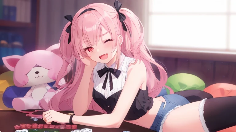 (couple), girl and boy, playing card game, rich in detail, competitive, happy expression, love, wide angle, 1girl, (((masterpiece, best quality, aesthetic, heavenly))), ((girl with red eyes, vibrant pink long hair)), ((intimate)), 1boy, ((boy with green eyes, short black curly hair))