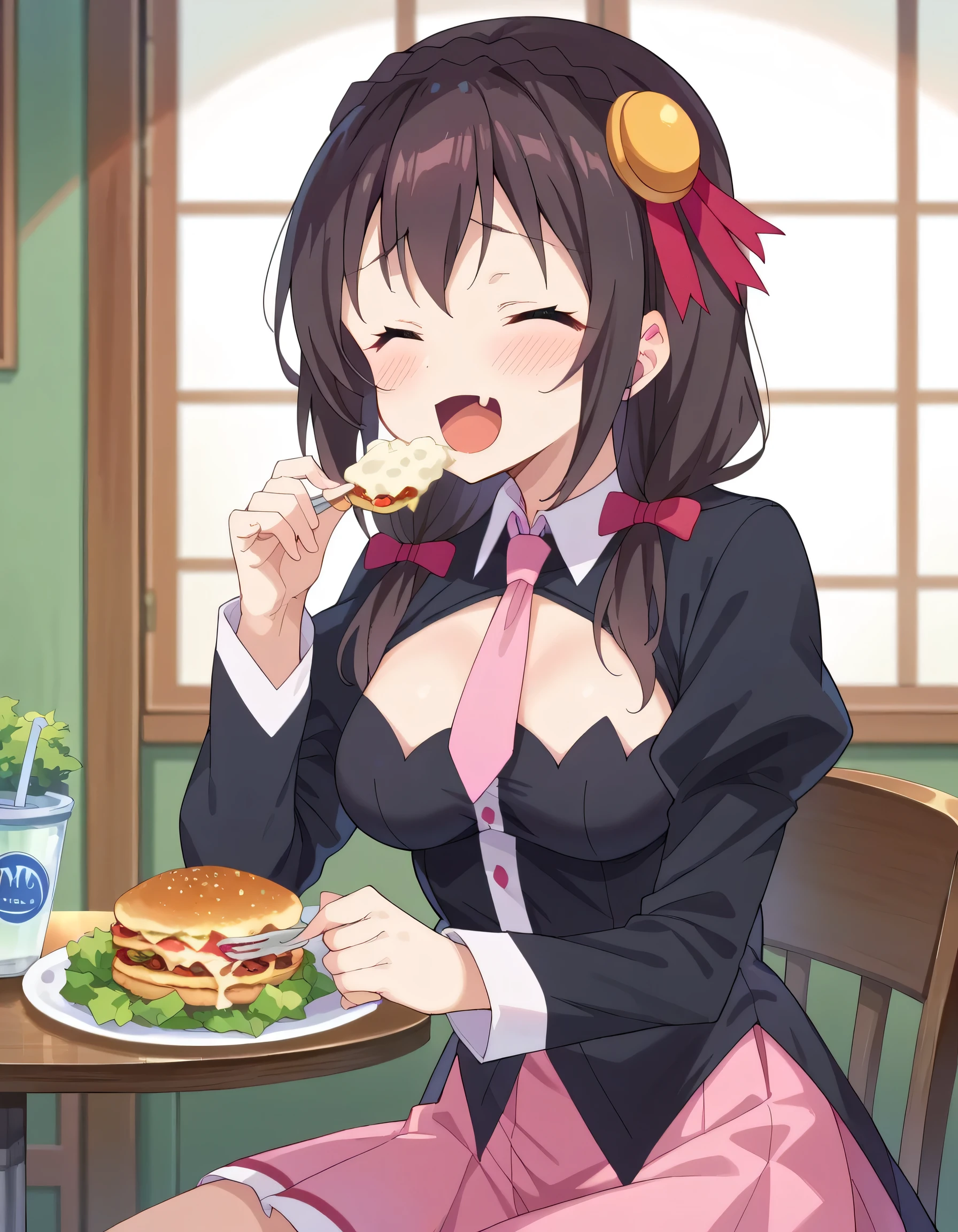 alone, One girl、Crown braids in the same color as your hair, hair ornaments, Hair Ribbon, Pink tie, Black long sleeve, Pink Skirt, Knee socks, Cleavage、Black Hair、Red Eyes、Slightly larger breasts、Eating delicious food in the dining room、Sitting、blush
