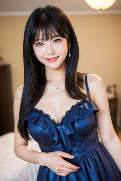 One woman per photo, Full Body Shot, Composition looking down at the subject from above, Young and beautiful woman in Japan, Cute face with a smile, thin frame glasses、Age 25, Shoulder-length hair, Glossy Lips, Attractive person, She is lying on her back on a silk bed with her legs spread apart, Silk pillow, Silk bed sheets, Double eyelids on both eyes, Natural Makeup, Long eyelashes, Shiny and smooth light brown hair, Asymmetrical bangs, Fair skin, Center image, 8K resolution, High detail, Breast enlargement、Cleavage、Big and ample breasts、Navy blue floral dress、Sexy clothes