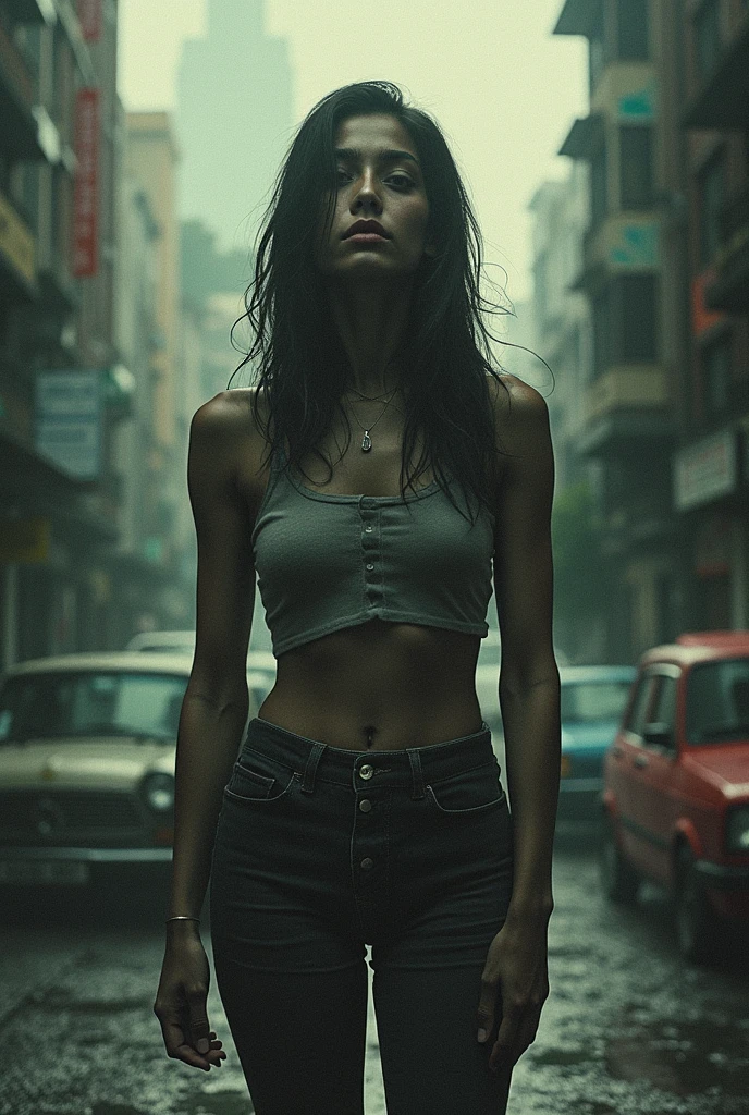 Dystopian style, outside, foggy, dystopia, industrial, (8k, RAW photo, best quality, masterpiece:1.2), (realistic, photo-realistic:1.37), best quality, ultra high res, (natural skin texture, hyperrealism, soft light, sharp:1.2), (focus face:1.2), (high contrast:1.1), (intense:1.1), (detailed:1.1), (highest quality, (analog:1.2), (high sharpness), real shadow, photographed by Canon EOS R6, 135mm, 1/1250s, f/2.8, ISO 400, somber, dramatic, highly detailed, we see her full body, erect nipples, muscular thighs, fit and athletic physique, big breasts, bitch 