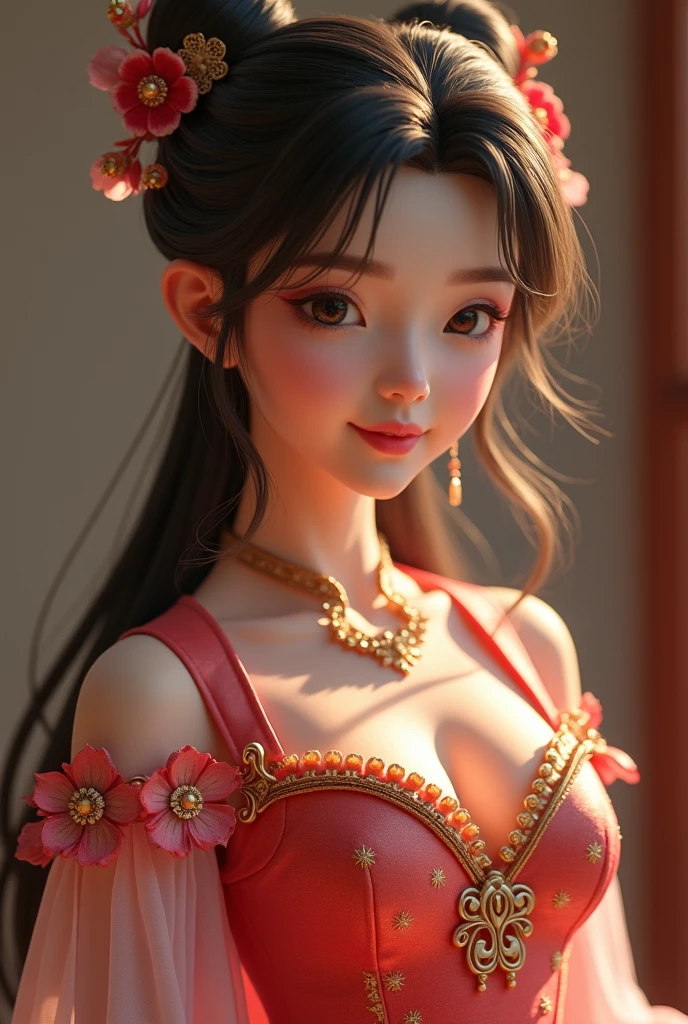(masterpiece),best quality,highest quality,extremely detailed CG unity 8k wallpaper,detailed and intricate,original,highres,unparalleled masterpiece,ultra realistic 8k CG,perfect artwork,((perfect female figure)),mature female,upper body,closed mouth,lips,china dress,dress,hair ornament,necklace,jewelry,long hair,earrings,chinese clothes,(large breasts),outdoors,(cleavage),