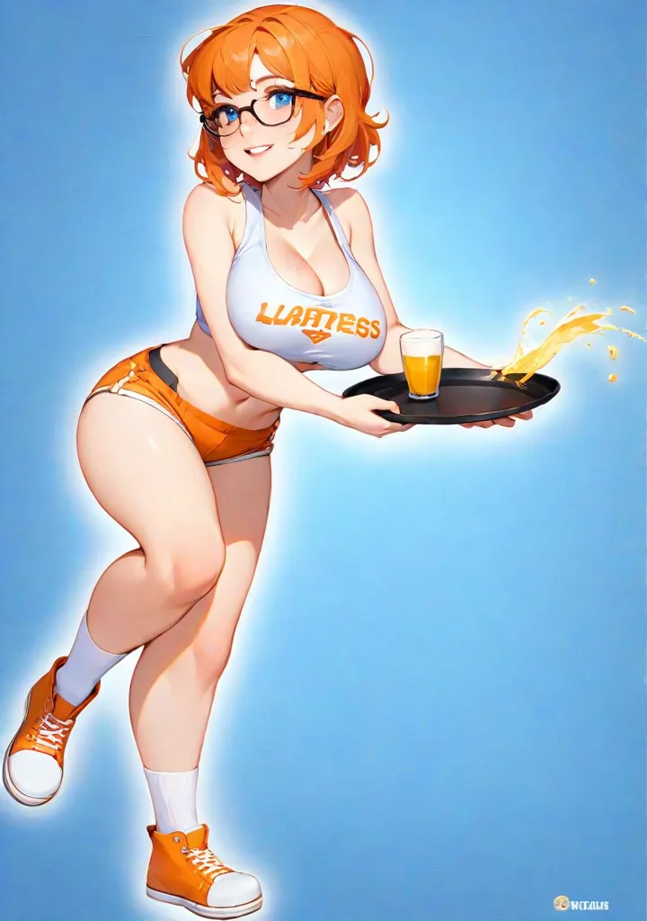 Nordic girl, white skin, medium-short height, medium orange hair, with unruly bangs.  Lively and expressive blue eyes.  Small and dynamic figure.  She was wearing torn shorts, a shirt with a striking gold zipper.  high heels most beautiful woman in the world, nsfw, big , big ass