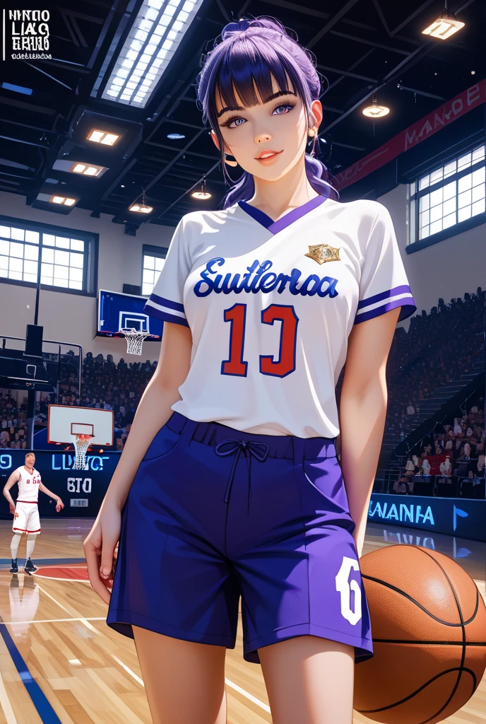 (Masterpiece, best quality, photorealistic, highres, photography, :1.3), close-up shot, sharp focus, (1 girl, girl, hot model), realistic skin, (slim body shape), side swept short ((hair with blue color)), extremely detailed hair, delicate face, shiny lips, ((wearing basketball jersey)), outdoor, ((realistic, super realistic, realism, realistic detail))