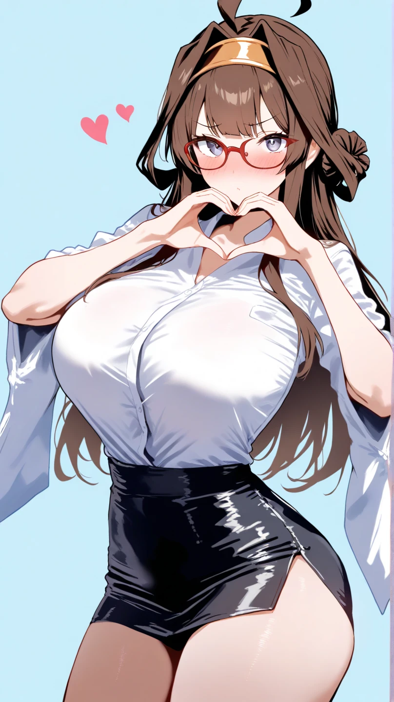 1girl, breasts, floral print, solo, pants, high-waist pants, looking at viewer, shirt tucked in, shirt, black pants, long hair, parted lips, from below, lips, long sleeves, cleavage, brown eyes, earrings, jewelry, brown hair, white shirt, medium breasts