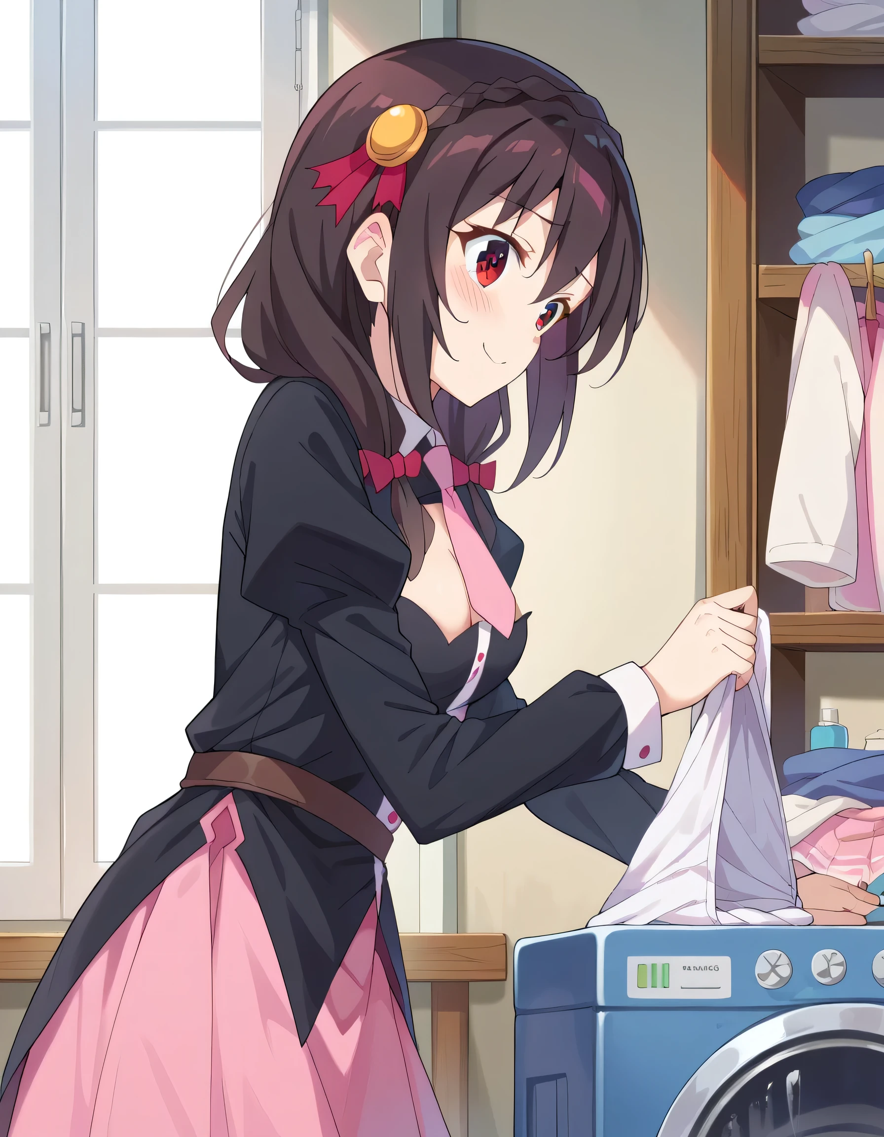 alone, One girl、Crown braids in the same color as your hair, hair ornaments, Hair Ribbon, Pink tie, Black long sleeve, Pink Skirt, Knee socks, Cleavage、Black Hair、(A shy smile:1.5)、(blush:1.2)、(Holding a hanger with a white dress on it in a clothing store)