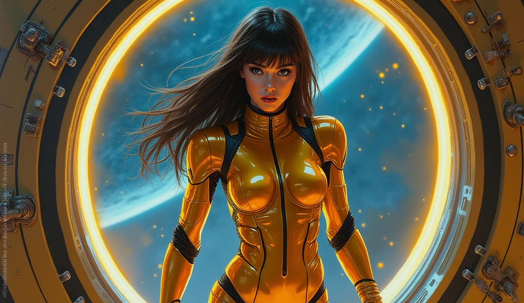 (Masterpiece:1.2), (closeup:1.8), best quality, The girl with the pretty face floats in space, portrait of a black-haired young woman in zero gravity, the backdrop of the milky way and a supermassive black hole as background,Wearing high-tech shiny tight spacesuits, There's a huge black hole forming behind her, and the stars behind her swim past ,The girl with the beautiful face stood in the center of the universe and countless golden meteors converged on her, holographic,Center symmetrical composition,Axisymmetric composition,realistic,skin textures,anatomy correct