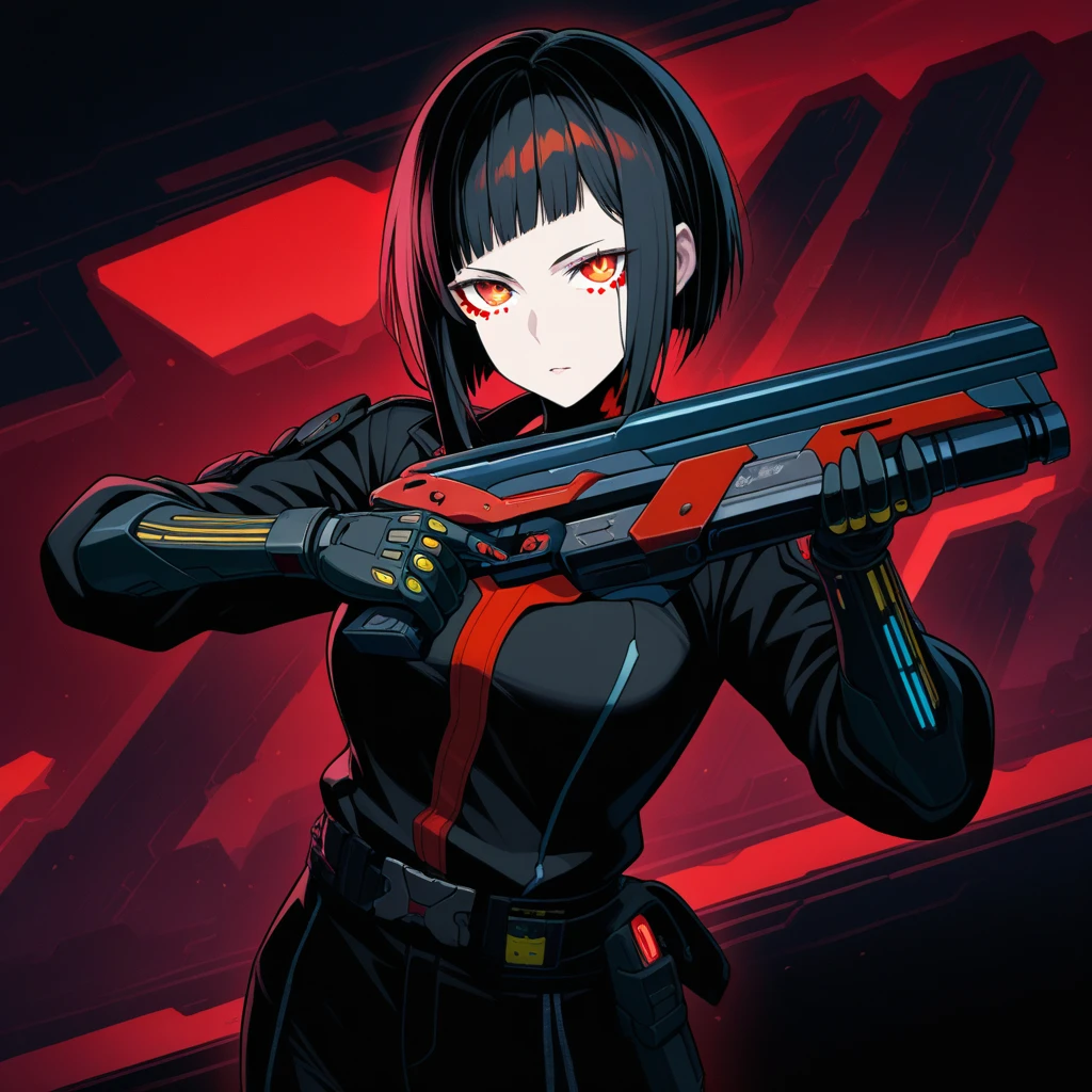 nixeu_basic2:0.7, (wlop, nixeu, semi-realistic, bochen, anime, masterpiece, highres, ultra detailed), ((black hair, 1girl, solo, Elster, Black Bodysuit, Red bodysuit)), red pupils, blue eyes, Ruined Space station, space station interior, blood, revolver, holding gun, handgun, revolver, frown, dark, shadowy background, alarm lights, facial_marking, (maintenance tunnels) <lora:Elster:0.85>