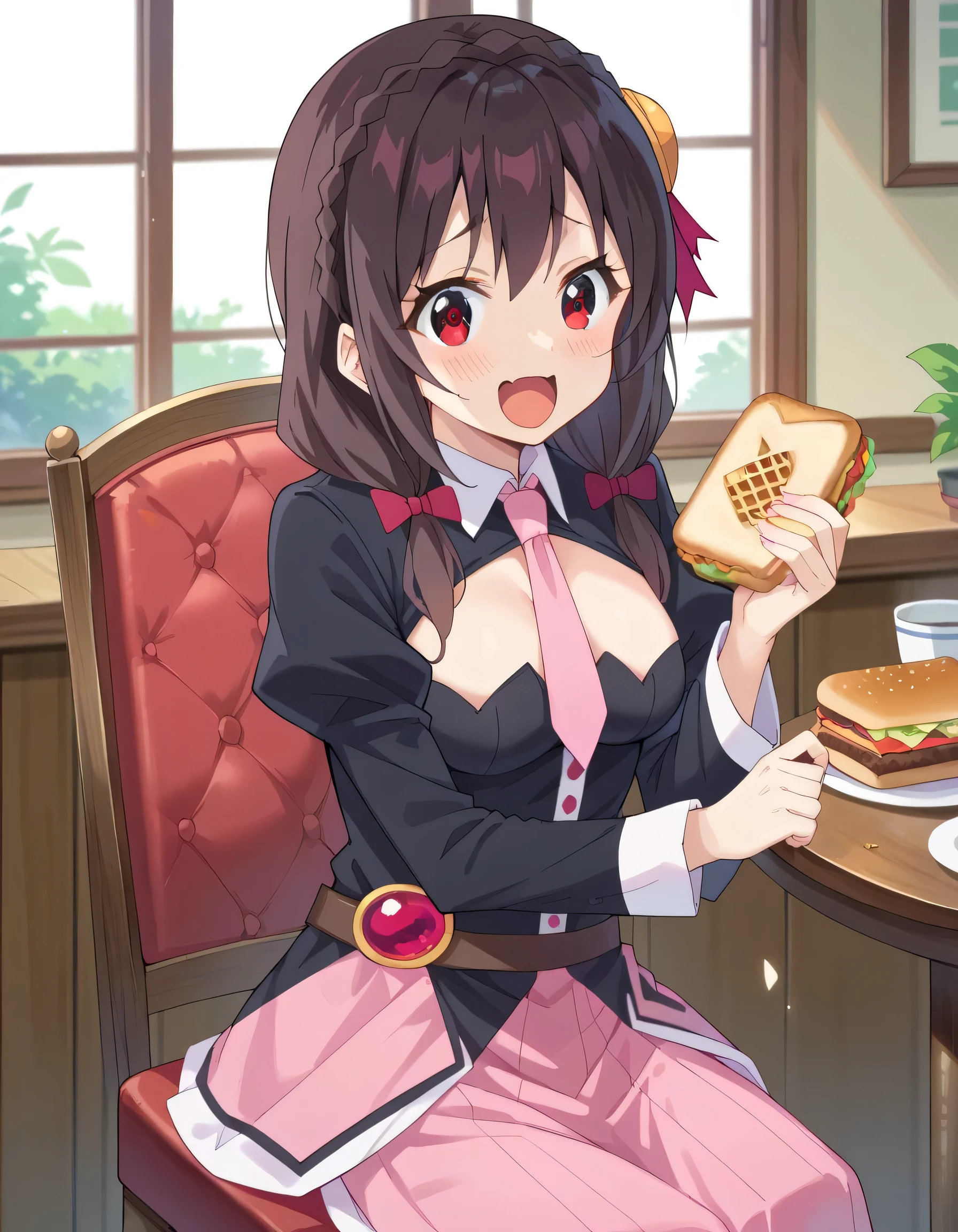 (masterpiece, Highest quality), One girl, Yunyun,Long Hair,Braiding,Twin tails,Hair between the eyes,Red hair ribbon,hair ornaments,large round breasts,、Pink Skirt、Black Hair、Red Eyes、(A very happy smile:1.2)、Crown Blade,Black Shirt, Long sleeve,Pink tie, belt, Cleavage cutout、cowboy shot、(blush:1.2)、Young face、(Sitting on the grass having a picnic)、((Present the sandwich to the viewer))
