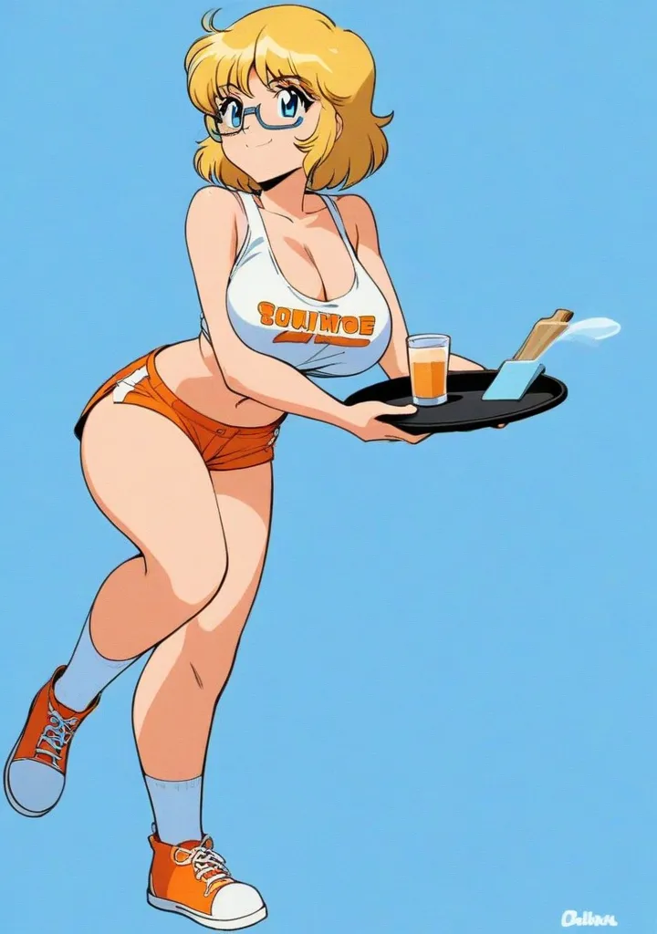 ((ultra quality)), ((masterpiece)), ((frizzy ginger hair, light strawberry blonde hair, pale skin)),(1950s diner girl, short blue dress, high white stockings, blue ensemble, lipstick, yellow maid outfit, short dress, cleavage, busty), diner pose, dramatic posing, in a diner, seductive pose, looking at viewer with a snarky grin, 1950, revealing, waitress, holding waitress tray, diner food on tray, apron, expressive, high heels, seductive pose, (dynamic_angle:1), (dynamic_pose:1.2), (masterpiece:1.2), (best quality, highest quality), (ultra detailed), (8k, 4k, intricate),(full body:1) (Masterpiece, Best Quality), 8k Wallpaper, highly detailed, poster, vintage spy film, 1960s, sexy female rental killer, simple color background, single color background, seductive look, mid century modern, movie poster, vintage, vintage look, wide hips, large breasts, skin tight, striking eyes, comic, comic style, full body showing, entire body showing, pin up, pin up model, pin up style, facing away from viewer, looking over her shoulder, g-string, tight g-string, cheeky, ass showing, butt showing, skirt lifting up,