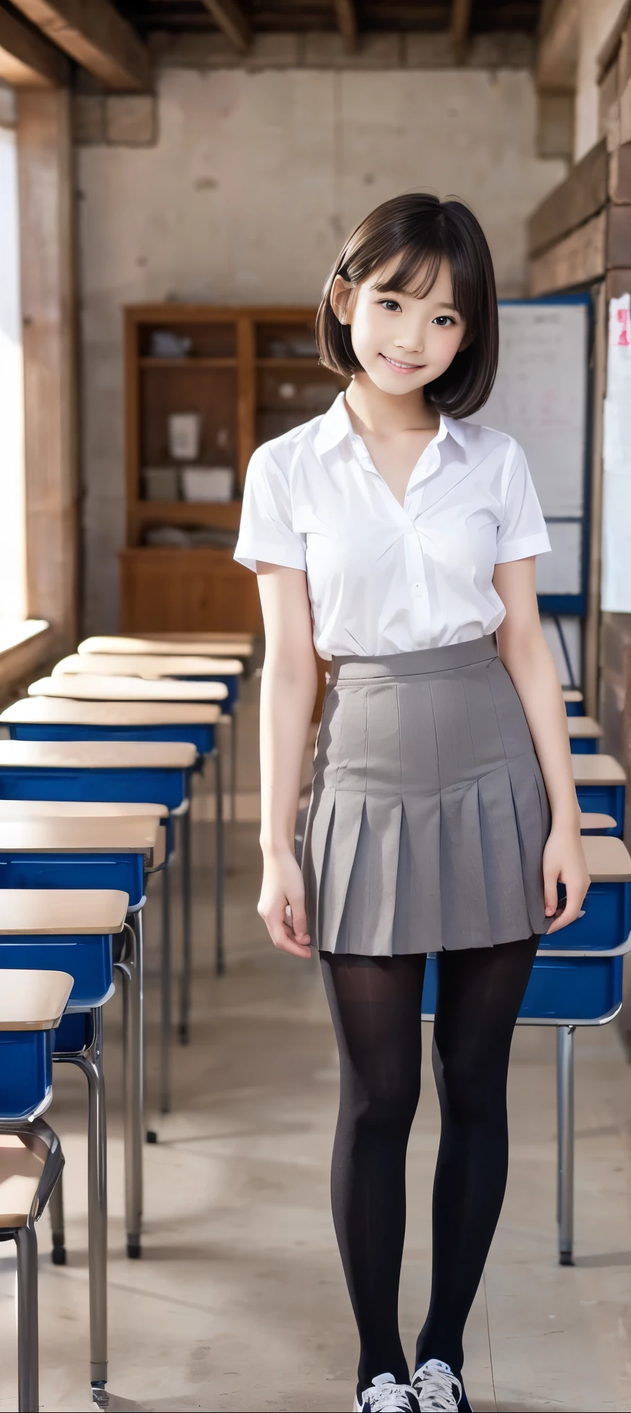 (black tights:1.5)、(full body portrait of elementary school girl:1.5)、(Elementary School Classroom:1.5)、 blackboard、machine、model pose、Smiles are clearly visible .、(clean short hair、brown hair、bungs)、sharp concentration in nude clothes、detailed explanation、8k、shirt、tie、plaid pleated mini skirt、 (elementary school girl wearing sneakers:1.3)、(knee socks:1.5)、Clear shot of a smiling model、sharp concentration in nude clothes、detailed explanation、8k、Elementary School Classroom、(short bob in a medieval castle:1.3)、thin, Girl with a round face.、sharp concentration in nude clothes、detailed explanation、sharp concentration in nude clothes、detailed explanation、8k、Flat chest、small breasts、