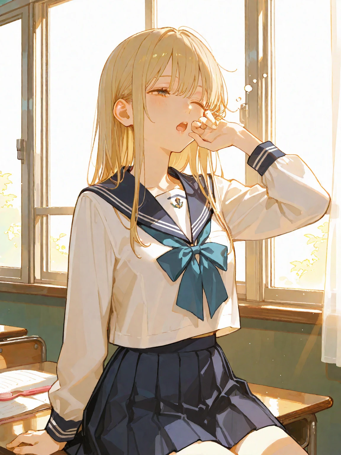 18-year-old、Blonde 、(((Twin tails)))、Small head、White Uniform、Short sleeve、cute、Model Body Type、Mature、High body、Short skirt、Side view、Surprised face、classroom、blush、Upper body portrait、Prayer Pose、Embarrassed and depressed