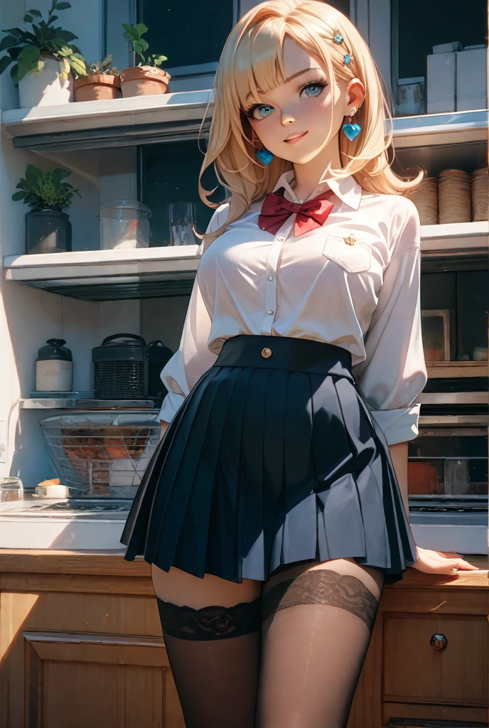 in public, embarrassed, bangs, loli body, 13 year old girl, blonde hair tied in a side ponytail, sensual cleavage, transparent blouse, sensual mouth, round breasts, ass facing the viewer, back to the screen, micro shorts 1.4, Ultra HD, 4k image, glasses, character close to the camera, tight shorts, V panties, red panties, low waist panties, short miniskirt 1.3