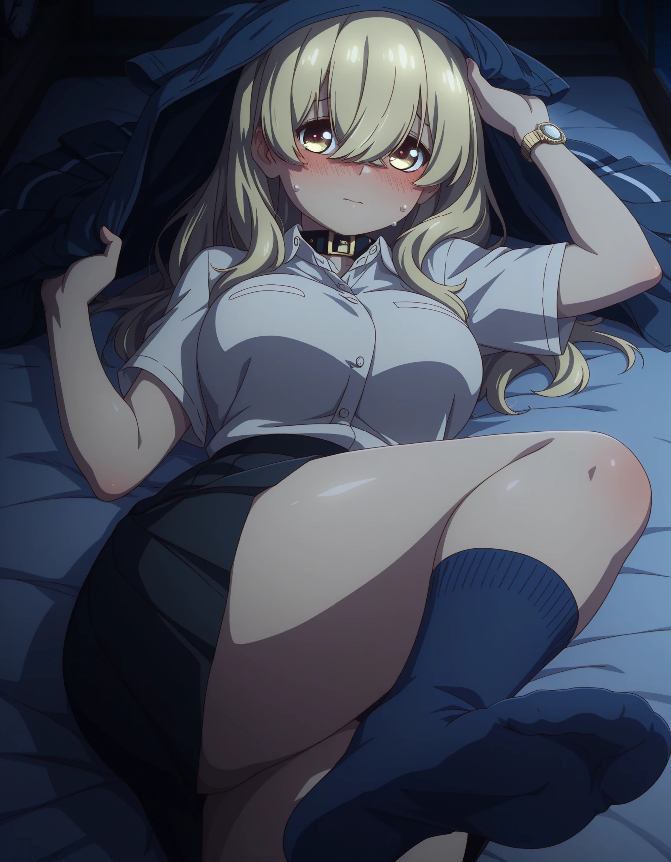one-piece swimsuit, 1girl, solo, , from above, aaillya,long_hair,blonde_hair,red_eyes,hair_between_eyes,bangs,white_hair, short stature, Short arms, Short legs, perfect anatomy, (gigantic breasts:1.3), thighhighs, pussy line, looking up, shy, bashful, bed, absurdres, anime colored, official art, anime screencap, masterpiece, best quality,