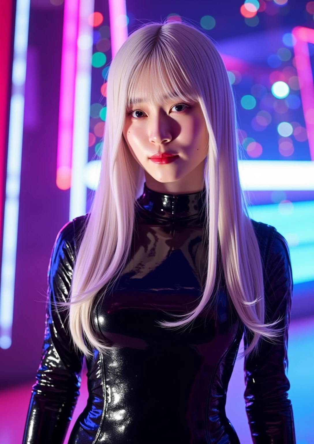 Jimin de long hair white , background neon lights , latex costume and collar