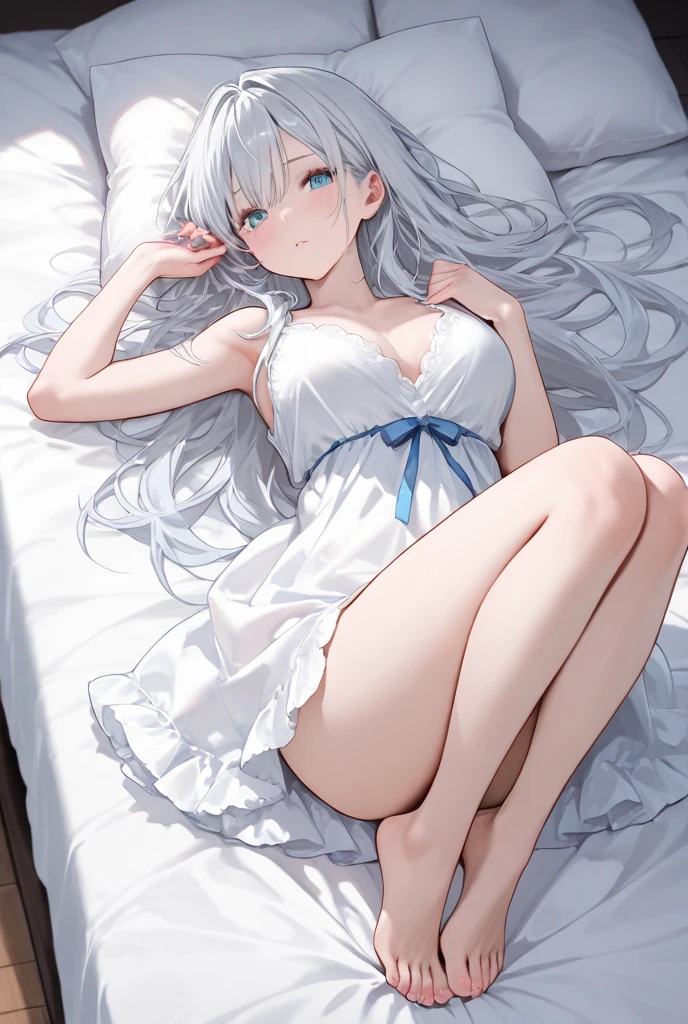 Ayaka, Blue long hair, Pretty Face,Smile,Close to the buttocks, Medium breasts, Lying in bed, Wearing beautiful white pajamas, (open mouth:0.4),illustration,Detailed texture(Realist),Extremely detailed,Portrait style,Bright colors,soft light, blush, Mature, No, Flying hair,Five fingers