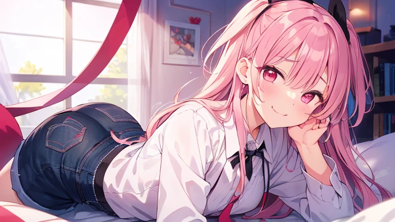masutepiece, Highest Quality, (Perfect face:1.1), (high detailing:1.1), (ultradetailed eyes), Dramatic, superfine illustration, Extremely detailed,1girl in, teenager,(pale skin), Happy, Laugh, Enjoy,Open mouth,gloweyes,pinkhair, (long twintail),Ethereal eyes, pink eye,blush, Solo,Pouty lips,Cinematic lighting,upper body,looking up,learning forward,Lolita clothes, Pink and white,frilld, bow ribbon, Long sleeve,knee high socks,morning,sunny