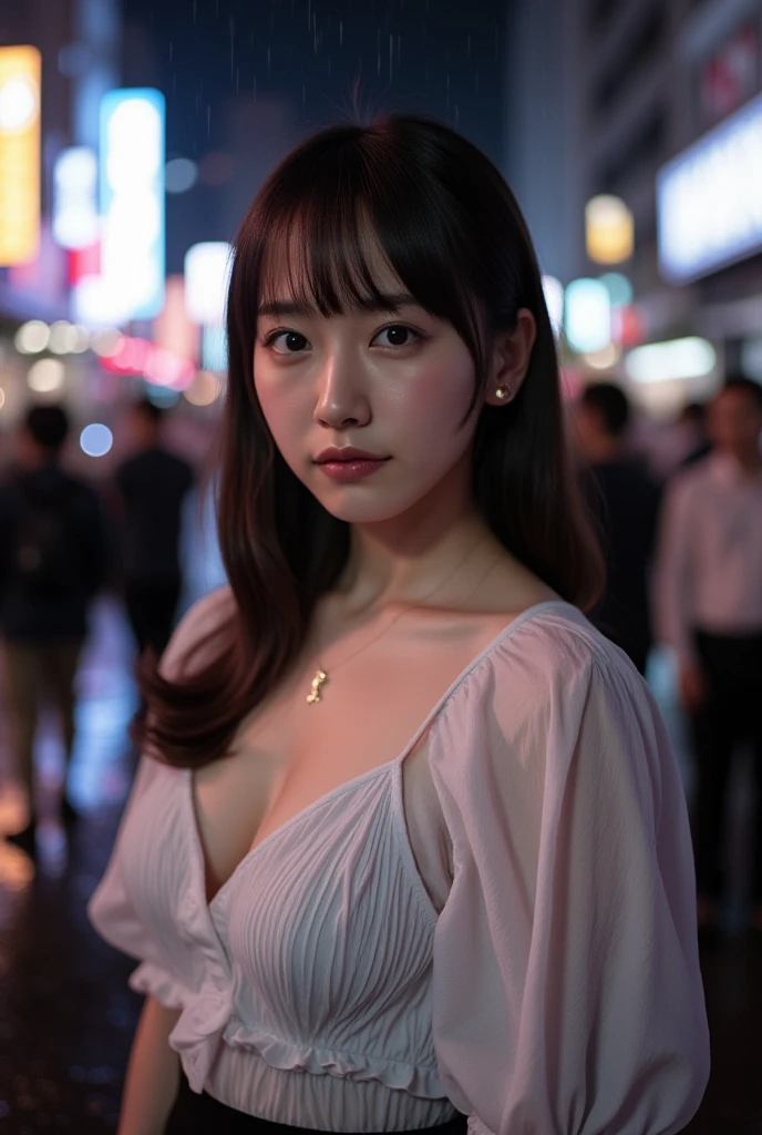 Super beautiful girl、ultra cute girl、Night view in the background、Small、Grabbed by the chest、Crowds、Slender body、A wistful look、Depressed、Company Uniform、I don't wear underwear, nffsw, retinas, Anatomically correct, Best Quality, 4K