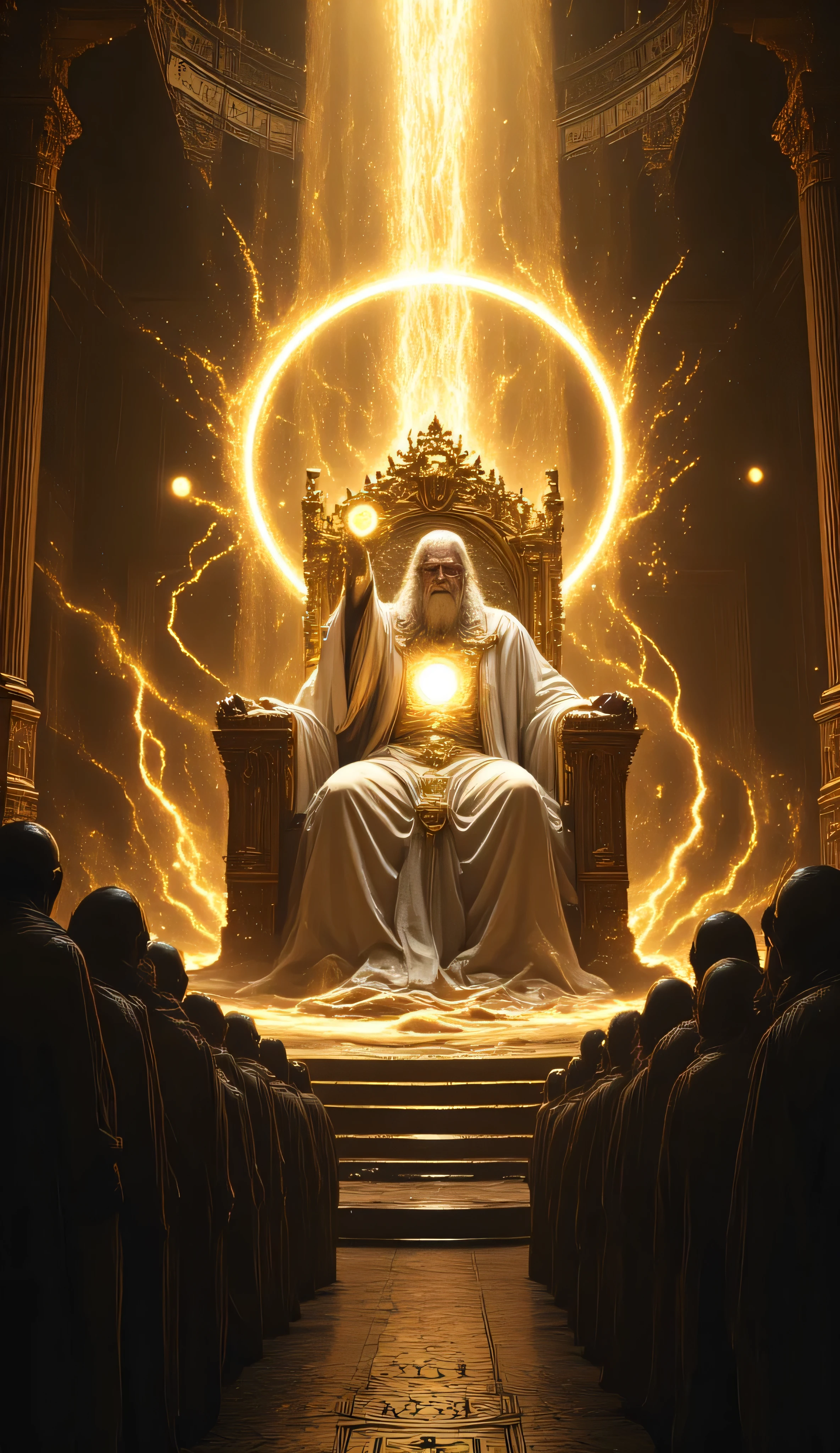 An ancient, divine being sitting on a majestic golden throne in a celestial hall, long white beard and flowing white hair, glowing eyes of pure light, dressed in a white robe with intricate golden mystical patterns, a golden sash around his waist, left hand holding an enormous golden scepter, right hand raised forward in a gesture of command. The throne is massive, radiant, covered in ancient symbols and celestial carvings, made entirely of gold, surrounded by light like the sun. In front of him, countless wise beings with similar appearances — long white beards, glowing eyes, dressed in robes — standing in silent reverence, aligned in rows. The atmosphere is divine, bright and majestic, with glowing runes and a sense of holy decision-making.
Extra Keywords (opcional): high fantasy, mythological, divine council, radiant light, heavenly ambiance, intricate details, cinematic scene, ultra-realistic, ethereal