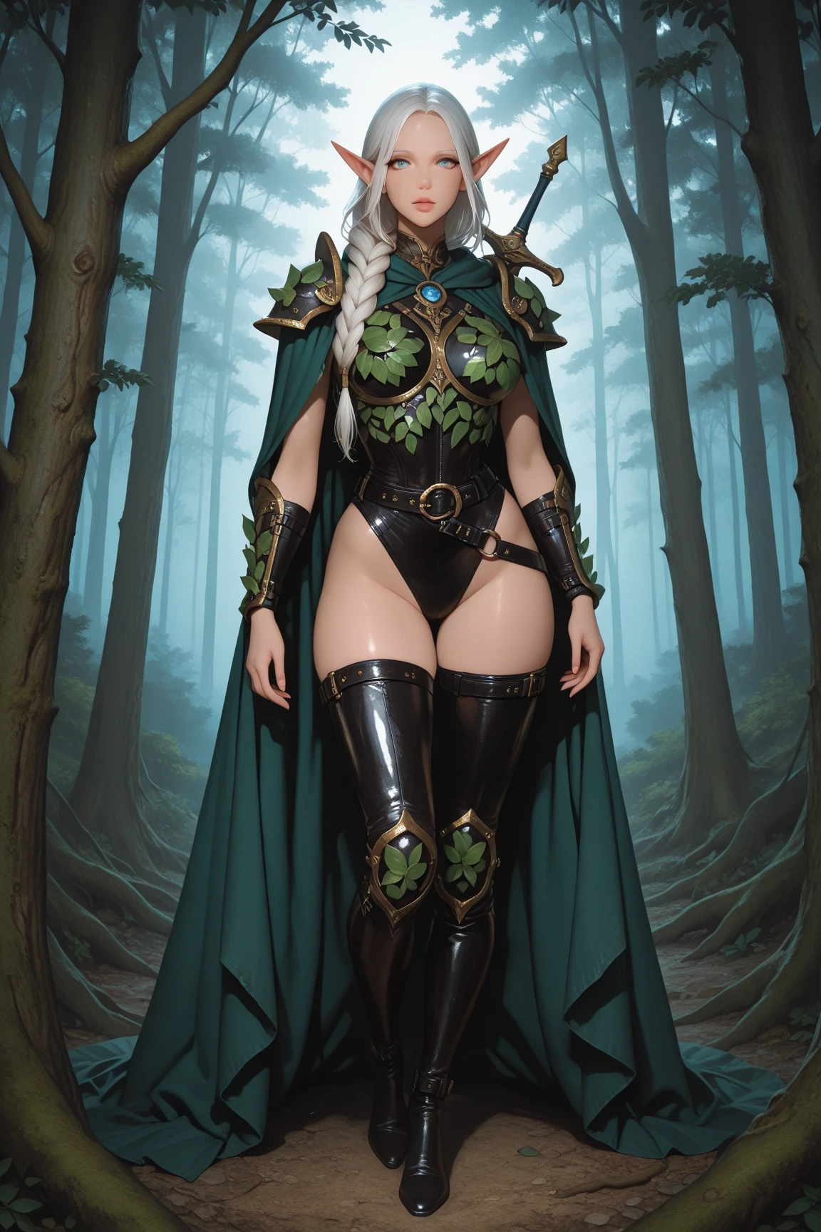 cartoony,full body1.5,Elf long ears,round eye,cabellos largos dorados,huge breasts, Twist braids,Green hair accessories,short- sleeved,Leaf clothes,wands,3Drenderingof,high detal,8K,((full body))) (((sexy pose, model pose, standing pose))),(black makeup)