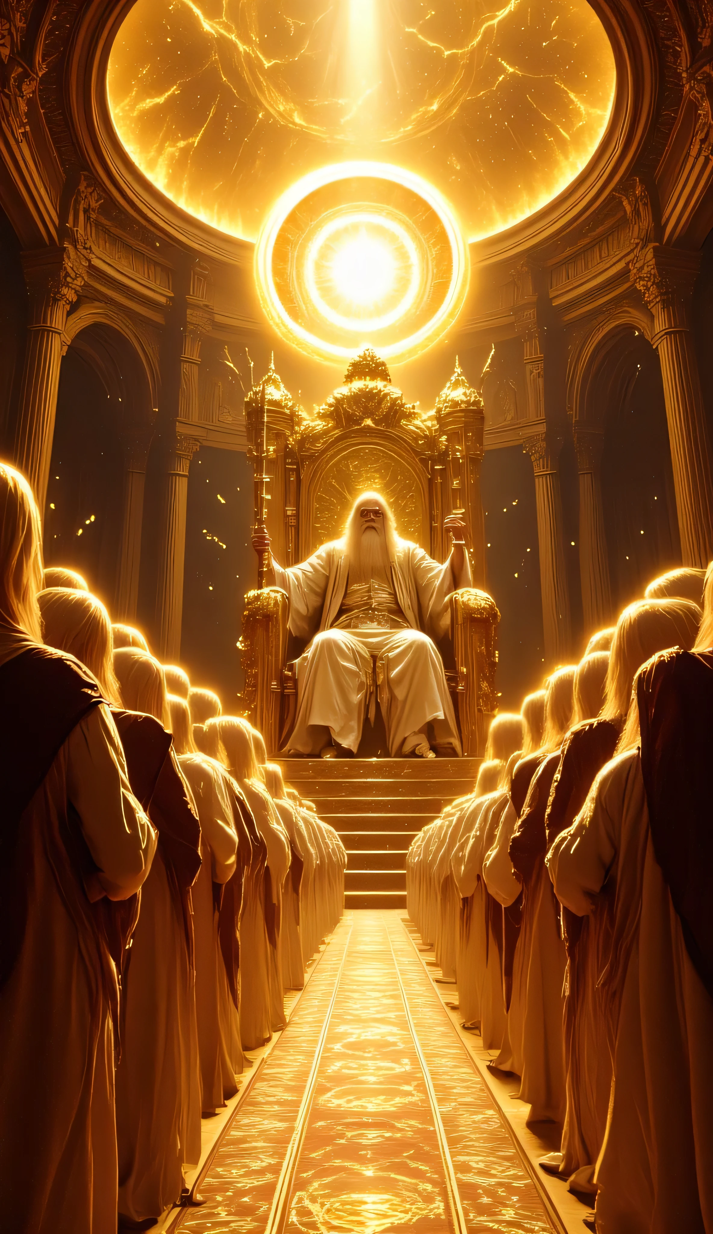 An ancient, divine being sitting on a majestic golden throne in a celestial hall, long white beard and flowing white hair, glowing eyes of pure light, dressed in a white robe with intricate golden mystical patterns, a golden sash around his waist, left hand holding an enormous golden scepter, right hand raised forward in a gesture of command. The throne is massive, radiant, covered in ancient symbols and celestial carvings, made entirely of gold, surrounded by light like the sun. In front of him, countless wise beings with similar appearances — long white beards, glowing eyes, dressed in robes — standing in silent reverence, aligned in rows. The atmosphere is divine, bright and majestic, with glowing runes and a sense of holy decision-making.
Extra Keywords (opcional): high fantasy, mythological, divine council, radiant light, heavenly ambiance, intricate details, cinematic scene, ultra-realistic, ethereal
