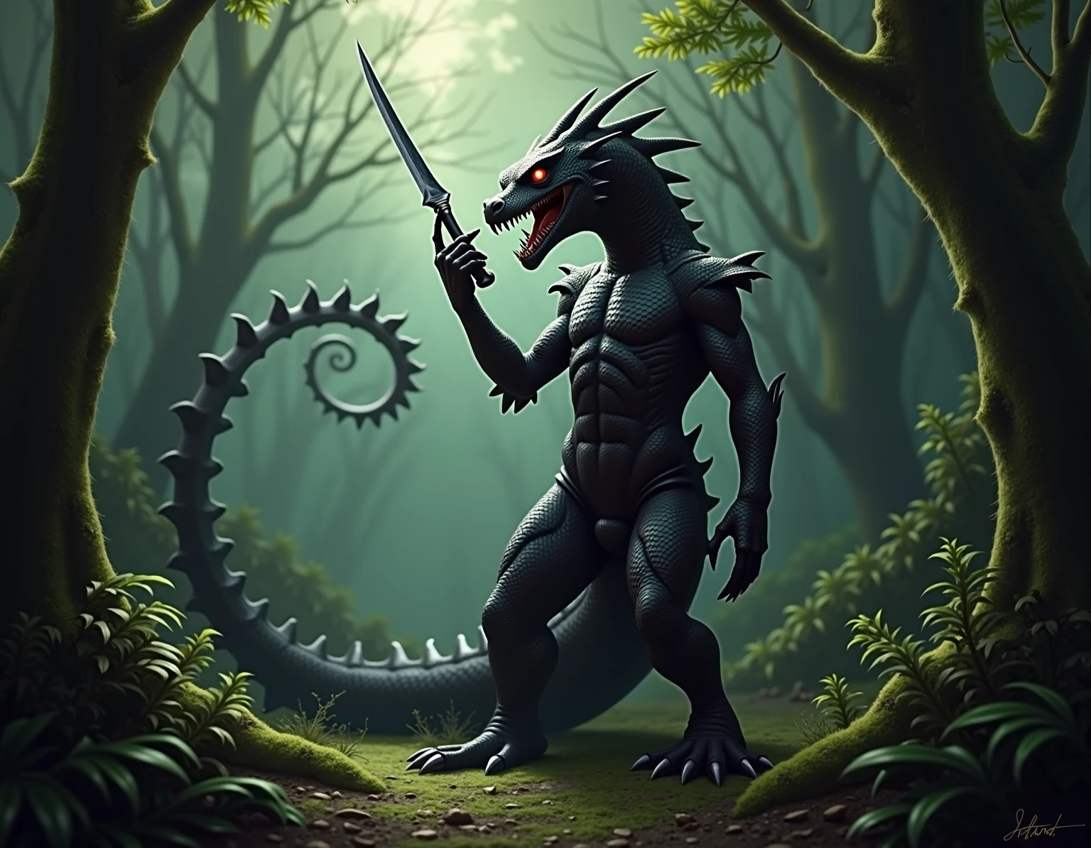 a ferocious male lizardfolk, anthro Glavenus, solo, scaly detailed body, full body, crimson red and black color body, red eyes, giant blade tail, comicbook style, best quality, 4k, ultra-detailed, by laobai, by taran fiddler, by honovy