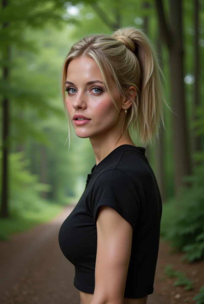 1 solo Girl, young girl, beautiful blonde girl, Miss, 18 years old, top model, hyper realistic. long hair, blonde hair, detailed. Face: blue-gray eyes, deep eyes, hyper detailed, natural, big eyes, cute small nose, seductive full lips, beautiful lips, natural, skin inperfection, freckles, natural skin, inpercect skin. Body: bare shoulders, midsized boobs, big chest, pefect niples, hyper detailed chest, sports figure, big ass, perfect ass, perfect hands and legs, hyper detailed fingers, manicured nails, full body. Outfit: black blouse and mini skirt. Lightning: sunset light, cinematic light, dynamic lightning, moody light, scary mood. Place: little walk in the dark woods with small stream, big exotic colourful trees. Camera view: photorealistic dramatic shot, color epic cinematograph, epic profesional promotial advertisment. Quality: hyper realistic, natural, HDR, RAW, 8K, depth of field, movie scene, cinematic.