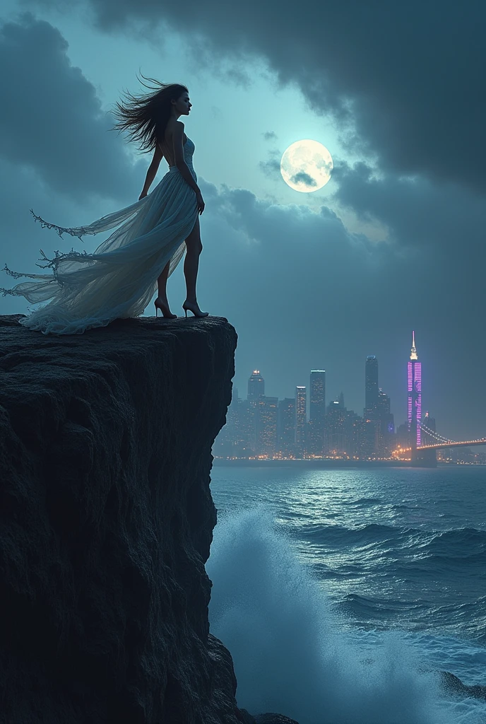 woman standing on a cliff with her arms spread apart about to jump, ocean in front, moonlit night, long dress blown by the wind