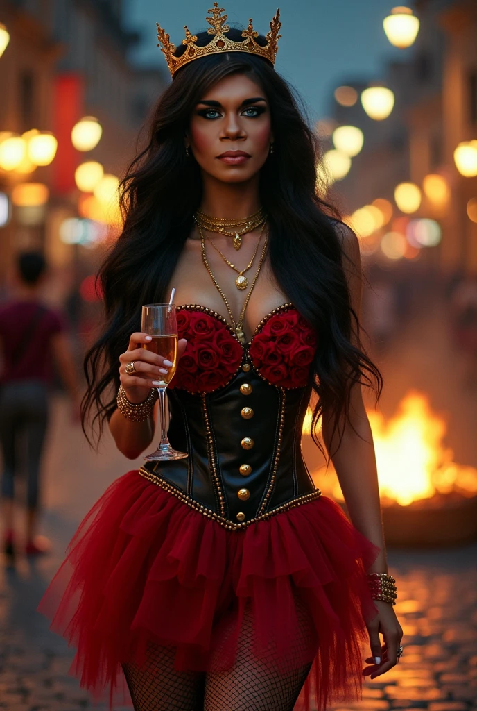 A gypsy dove in the cemetery, BROWN SKIN, SMILING smiling broadly and wearing red lipstick, wearing a red corset with black gypsy-style details, with a long, round red skirt, long, full wavy hair, with a red rose in her hair, holding a crystal glass and a cigarillo, with golden gypsy necklaces and bracelets
