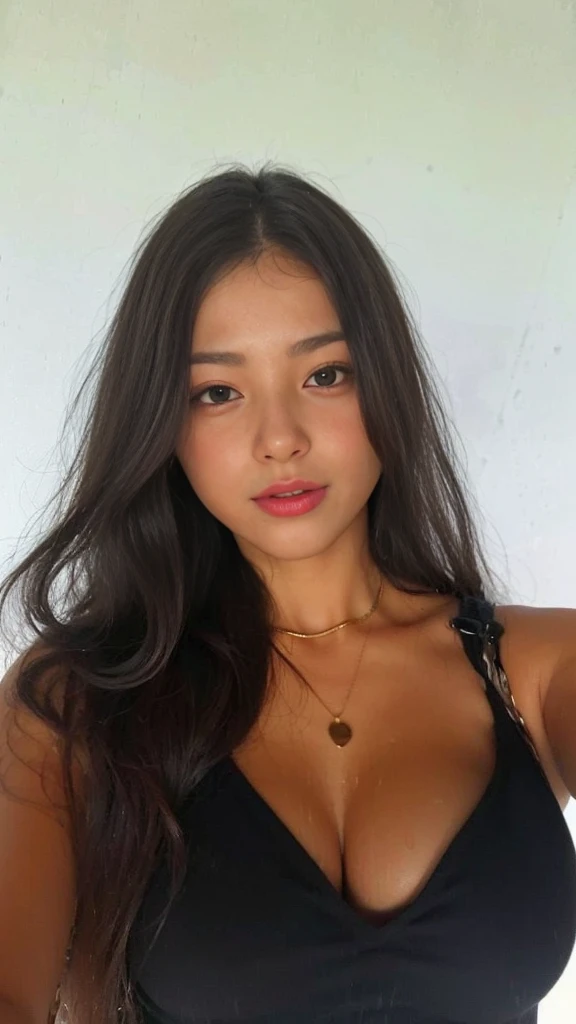 RAW, Best quality, high resolution, masterpiece: 1.3), beautiful asian woman, Masterpiece, perfect fit body, big breasts, beautiful eyes, ((tucked hair)), brown hair, open stand, Soft smile, thick thighs, Beautiful limbs, she is about 20 years old, pale skin Indonesian girl, beautiful woman, soft lighting, soft shadow, vibrant color, (dynamic lighting), (tight outfit), (looking at camera), beach background