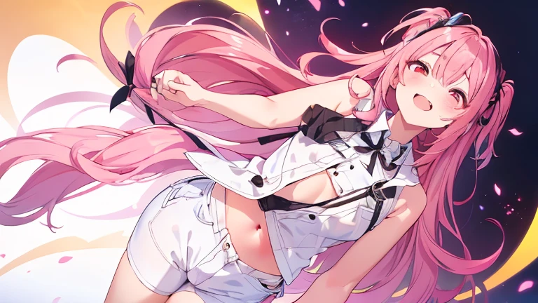 (masterpiece, best quality), ((1 girl, (adult) long pink hair), (wolf ears)), (Put your arms behind your back, looking at the audience, faint smile, Off the shoulders, cowboy shooting), (Color difference), White silk pantyhose