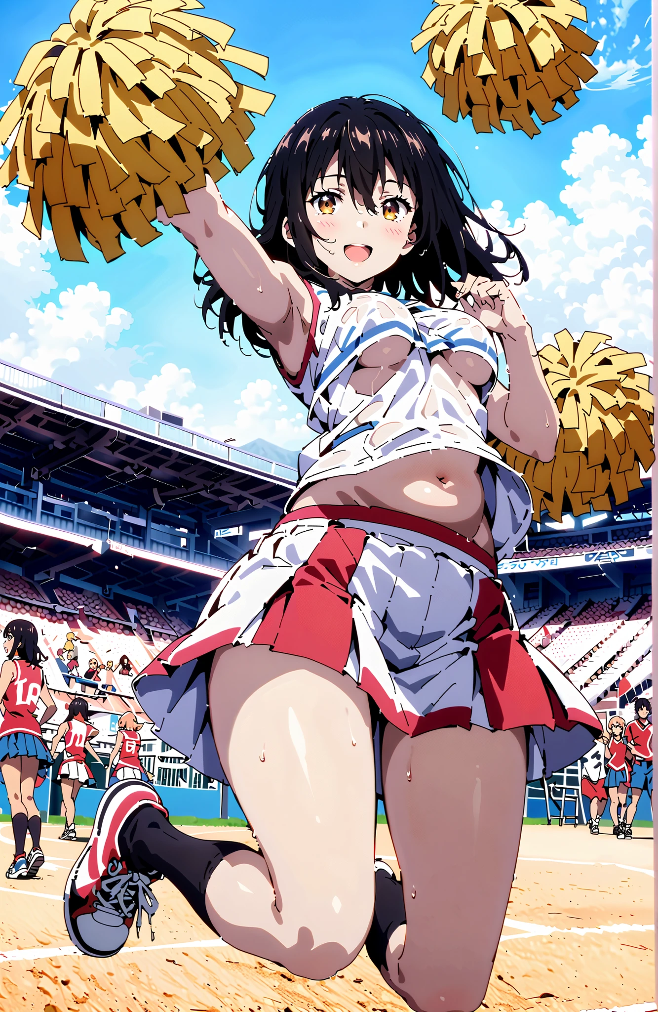 Yukina Himeragi,medium hair, solo,black hair, brown eyes in the bedroom, smile,blush,opens his mouth,Medium breast,(cheerleading), (full body), on chest, (sweated), sweated Wet Clothes, (white clothes),sleeveless, pleated skirt,black socks,sneakers,belly button out, playground, (jump), (jump), 両足を曲げてjumpする, blue sky, Compa, smile,cheerleader, Pom-pom \(cheerleading\) real hair ornaments,Under boob,angle from below,audience,arm up,full bodyがイラストに入るように,in their 40s outdoors,stadium,
in their 40s looking at viewer,full body,
in their 40s (masterpiece:1.2),Highest Quality ,Kampala,unity 8k 壁紙,(shape:0.8),( fine, beautiful eyes :1.6),It's a person ,full body写真,CG Details , (perfect hand in h,Complete Anatomy),