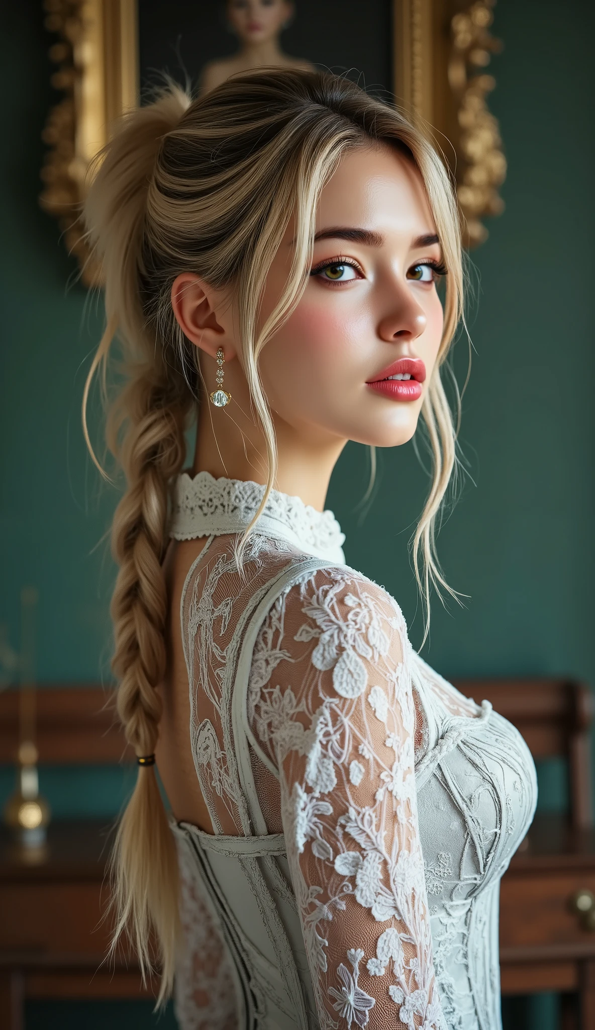  [Style: - "8k, masterpiece, realistic, photorealistic realism, hyper high resolution" - "highest quality, intricate, ultra-detailed digital art, (ultra_detailed, UHD:1.2)"] (Key Directive: - "The priority is the anatomical accuracy and texture of the materials" - "Ultra-sharp human eyes with biological accuracy") available materials [((leather)), ((jewelry)), bracelets, pendants, earrings], I encourage you to draw them at the same time, {Character: "((full body shot:1.3)), [beautiful girl , perfect female skinny body], full bodyesbian, ((Beautiful long legs in good style:1. 25)) aaverage butt: "(firm, protruding buttocks)", (perfect hot model body:1 . 4) (slim belly: 1 . 2) (muscular body) ((firm and full breasts:1.4))]" | Face: "full lips, pink lipstick, intense gaze" | Eyes: - "((sharp focus, no blurry eyes, Hyper absurd quality, Hyper details, Hyper realistic brown eyes:1.3))" - "((extra narrow eyebrows))" - "(Carefully draw Long blue_mascara:1.2)" - "(perfect round eyes)" full bodyesbian, High Contrast, muted colors, long legantasy style)),((no Pantieposing thighs)),(elegant dress style, (long dress), no_panties, curvy), (wraps around the hips:1.35), [black latex:1.21], (white lace: 1.3), long legs ((white, eye-catching, high heels:1.35)), ((Cleo Garter Thigh Highs Fishnet Stockings)), ((long legs)) , ((Long Messy pink Pony with Braid , {"((turning back , back shot:1.4))"} , ((Intricately detailed multi-layer lace corset):1.3), ((green and orange background)), (Rendering engine: "Unreal Engine 5 path tracing, 16K texture maps") | The ultra-Highres,Unreal 5,Subsurface scattering,PBR Texturing,Post-Processing,Anisotropic Filtering,depth of fields,Maximum Sharpness and Sharpness,multi-layered texture,Albedo and Specular maps,Surface Shading,Precise simulation of light-material interactions,perfectly proportions,Octane rendering,Two-tone illumination, Wide Aperture, low ISO, white balance, The rule of thirds