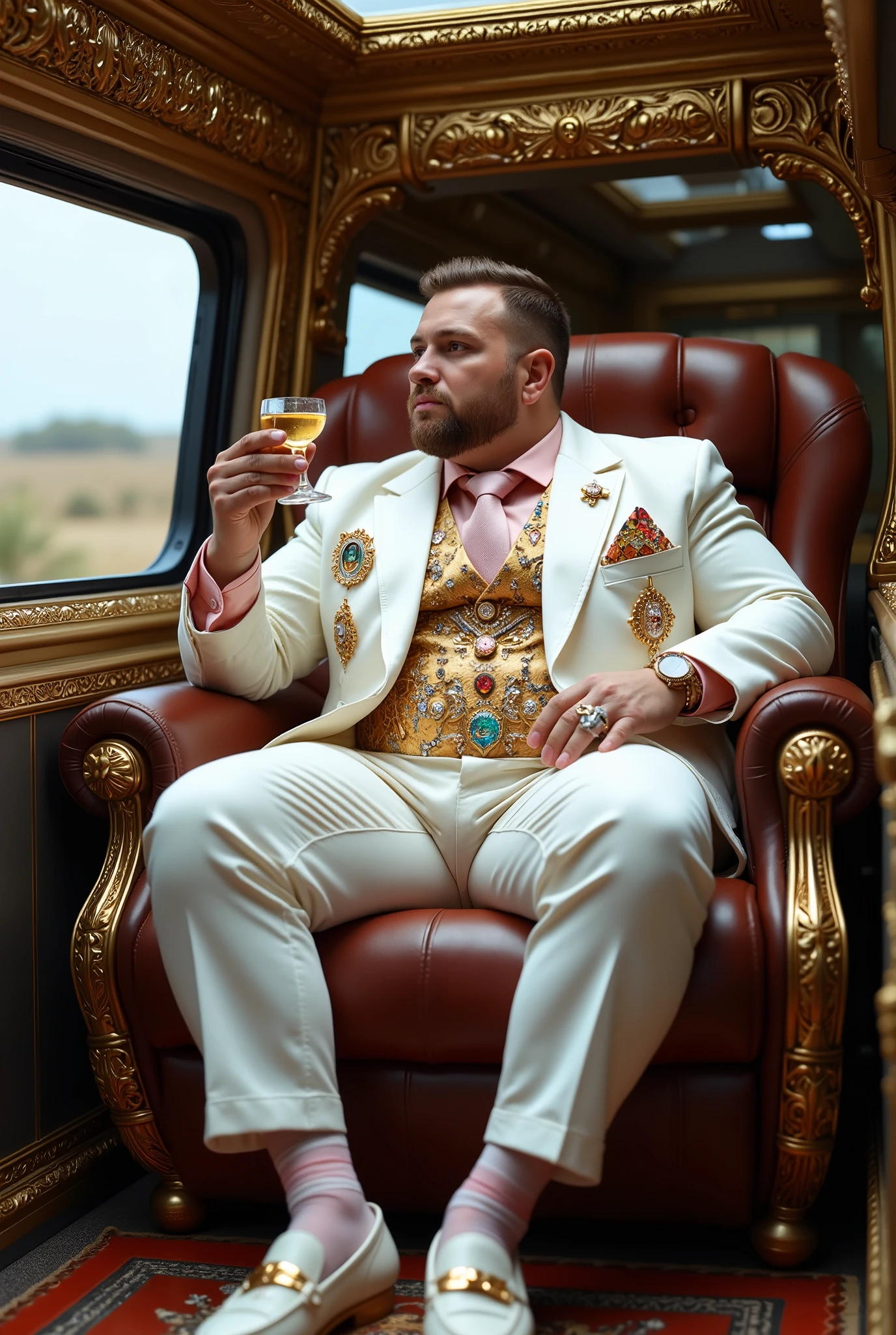 Africa, inside an ultra-modern, ultra-armored, hyper-equipped 4x4, a obese handsome white french man,tanned, 35yo, as short as a midget (1m50), big & fat, huge belly, in dapper precious white suit in silk & satin , very fine luxurious loafers in white crocodile & diamonds, silk shirt & tie in a pretty pink, spider silk sheer transparent socks, with vertical pink stripes, dozens large diamond rings, enormous Rollex, big diamonds at ears, gold & crystal bracelets & chains, pink diamond on nostril, chic brown short undercut styled haircut, completely slumped on cushions in the most luxurious compartment of 4x4, drinking, eating caviar. Full body view, his shoes & sheer nyon-socks must be seen