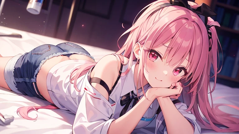 nsfw,masterpiece, best quality,(((color trace))),looking at viewer,((short stature)),fox ears,1girl, solo, open eyes,smile,sitting on bed,((((pink hair)))),pigtail,blush,blurry,between legs,facing viewer,small breasts,feet out of frame,depth of field,pussy,nipple