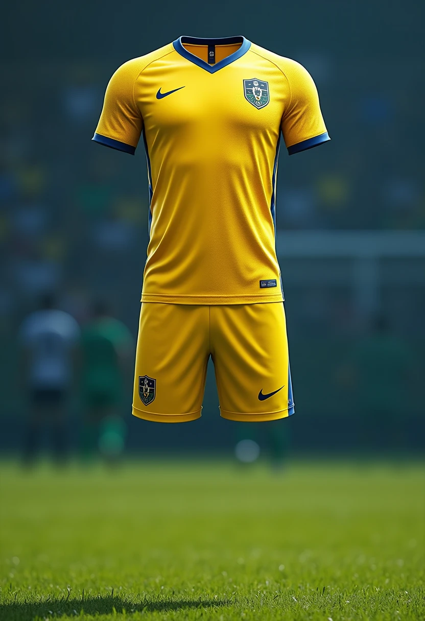 Football uniform similar to that of the Brazilian national team with white colors, blackw , gold details fluorescent green