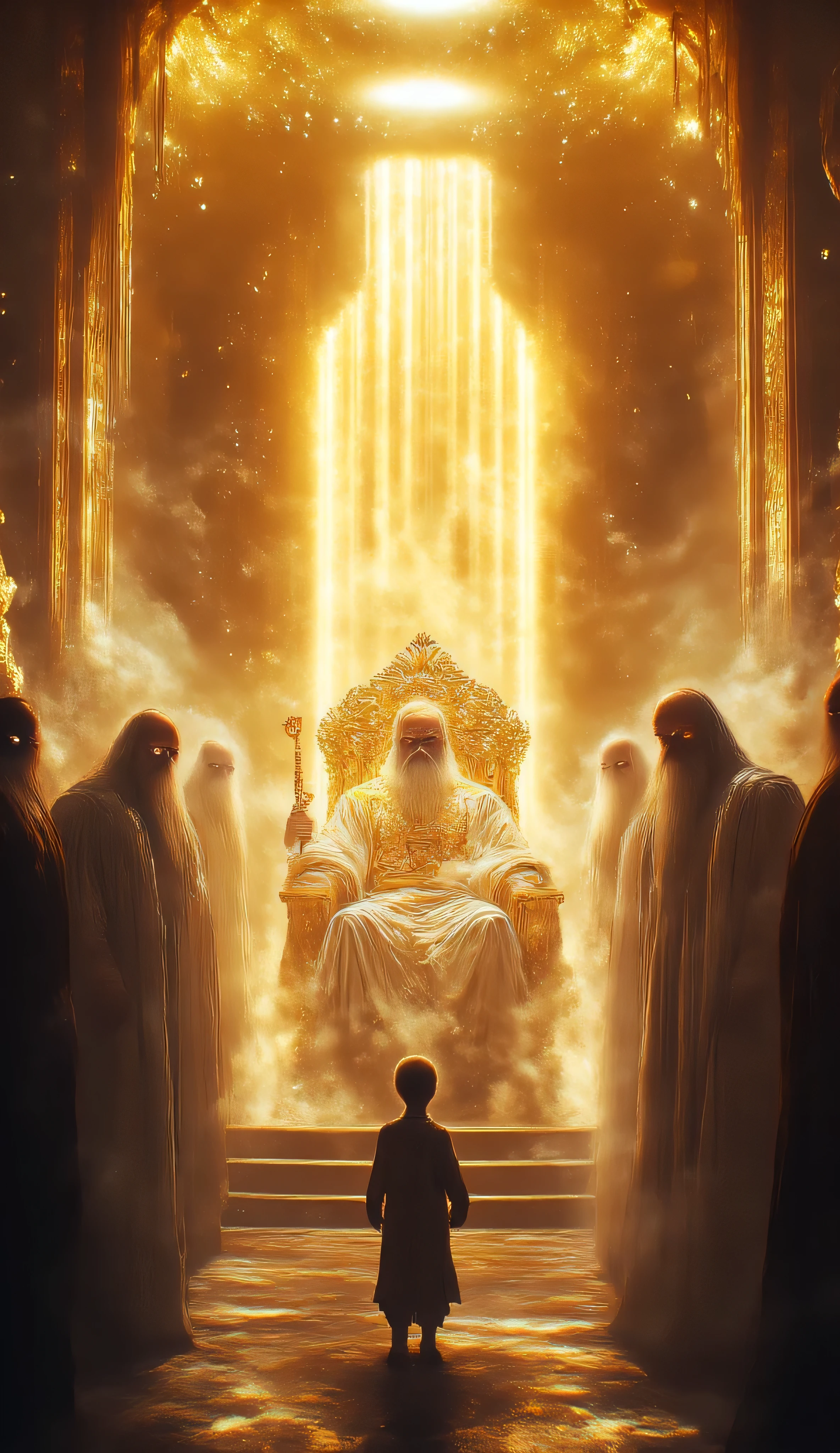 A celestial throne room filled with radiant golden light, at the center a majestic divine being sits on a colossal golden throne, long white beard, glowing eyes of pure light, dressed in a flowing white robe with golden mystical patterns, a golden sash around his waist, holding a grand golden scepter in his left hand, right hand raised forward in authority. In front of him, rows of ancient wise beings with similar appearances — long white beards, glowing eyes, standing in reverent silence. At the far edge of the throne room, a gigantic ethereal doorway is partially open, emitting soft dimensional light. From this doorway, a mysterious figure or presence watches in awe — undefined form, possibly human-like but wrapped in shadow and curiosity, as if not belonging to that realm. The last sage in the line turns his head toward the observer, slowly walking forward, leaning his immense face closer, eyes burning with gentle fire and wisdom, conveying a silent message. The scene is filled with tension, awe, and sacred silence, like a forbidden encounter between worlds.
Extra Keywords (opcional): divine confrontation, mysterious portal, surreal lighting, mythological, ethereal tones, mystical atmosphere, high detail, cinematic composition, ultra-realistic, spiritual realm