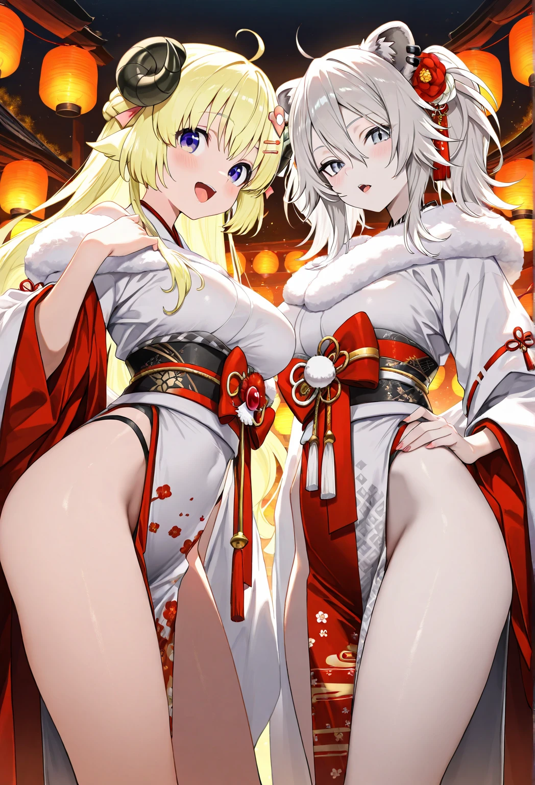 Highest quality、Two Girls, Mature Woman, Mature Woman, Japanese-style room、Tatami room、Sliding doors、Dark room、Voluptuous body, Huge breasts, Saggy breasts, Wide Hips, Miko costume, barefoot, Cleavage, Are standing, Blonde Nine Tails, smile, Short blonde, Red eyes, at night, 8K, masterpiece、milf、Fox Ears、Lantern、Sliding doorsを開けて迎え入れる、Sexy look、spoken heart、(breast focus:1.1)、mature female、gleaming skin、naughty face、heavy breathing、One eye is covered by hair、hair over one eye 、cheek-to-cheek