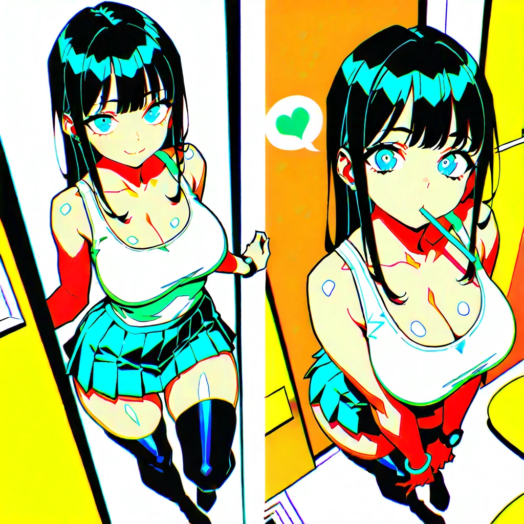 (masterpiece, best quality), 1girl, solo, (red streaked hair), (blue hair), green eyes, slim, large breasts, long hair, evil grin, topless