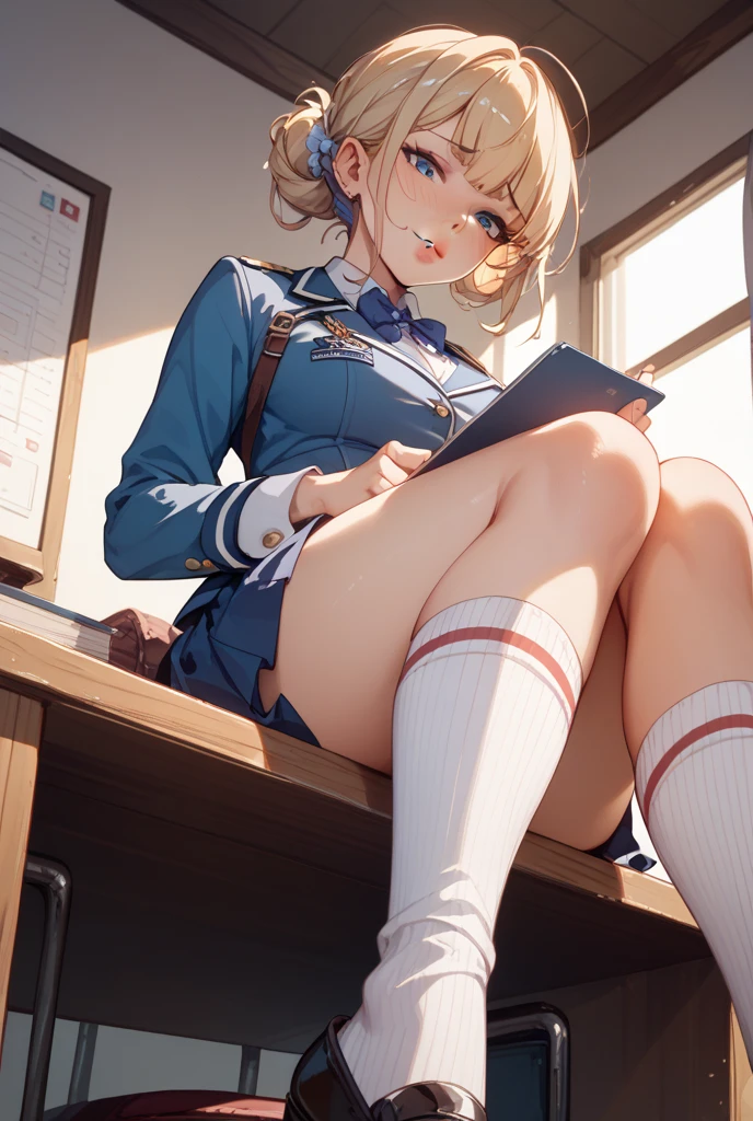 anime artwork, score_9, score_8_up, score_7_up, score_6_up, score_5_up, score_4_up, r,Camie Utsushimi, light brown hair, dark brown eyes,, breasts, , big breasts, at school, (school uniform:1.2), sit on desk, cap, she is 24 years old, striped panties, rating explitic, wet whirt, ,horny, solo, , white stockings, shoes, hand in panties, masturbation, style_2