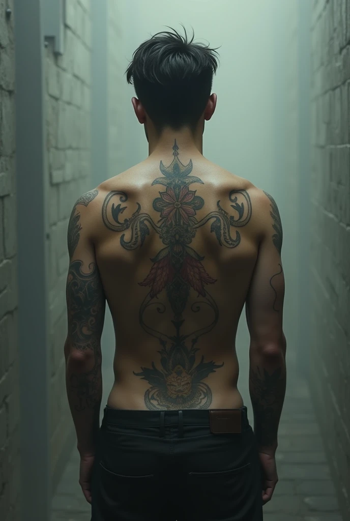 Photographic quality,Super clear photos with a cinematic atmosphere,The content is the back of the prison break male lead,Showing the prison design on his back,A map like a maze,Ultra-clear,The light and shadow effect is quite strong.