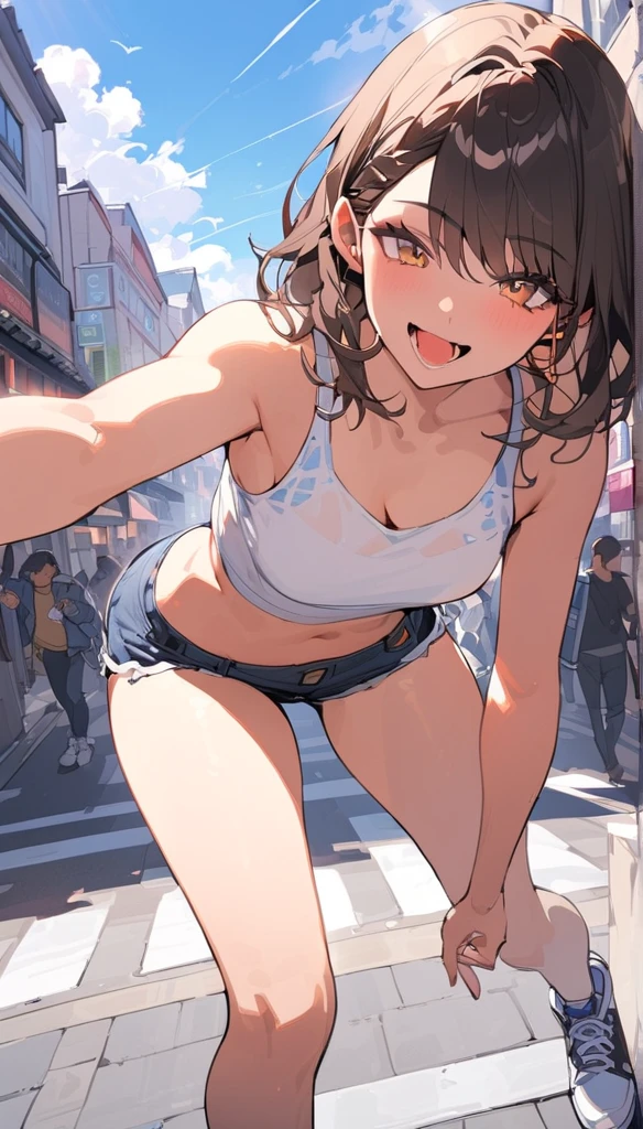 takeda hiromitsu style,(((masterpiece, highest quality:1.5,absurdres))),20 year old beauty,solo,((very small head)),short bob hair,bangs,dark brown hair,brown eyes,smile,medium breasts,((very long body)),((toned body,slender body)),skinny,gleaming skin,shiny skin,White T-shirt and blue denim jacket、Denim Microshorts、on street,Tokyo、