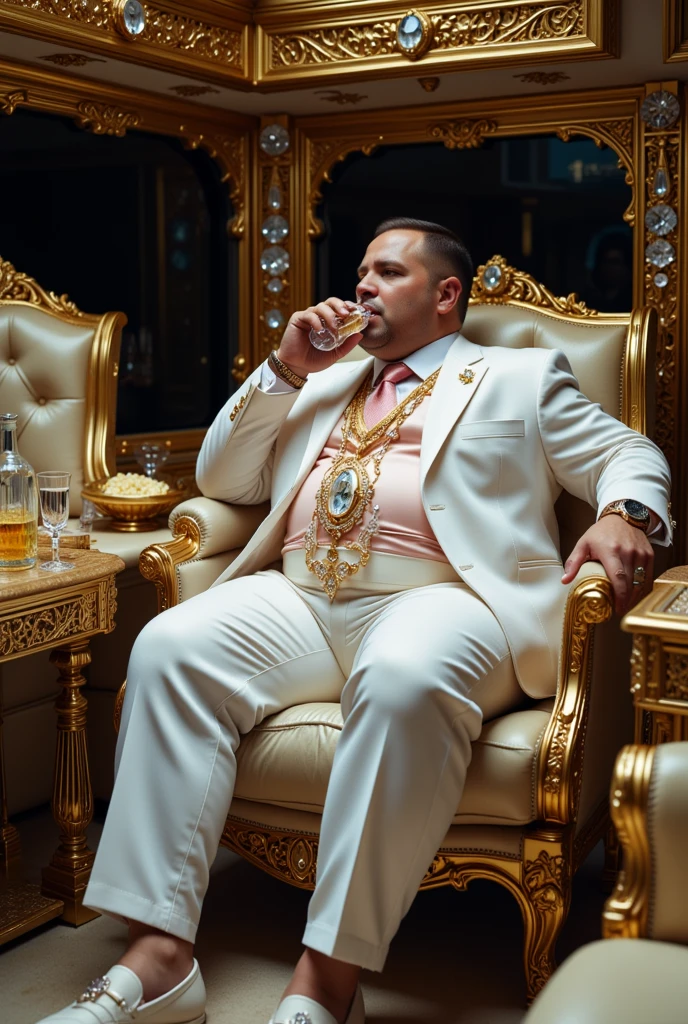 full view, one young chubby light blond rich fat (ex-) male model, big belly, with highly stylished undercut haircut, wearing white fashionable Prada chunky loafers in alligator, white high long socks, white shorts in aligator leather, biker jacket in alligator leather, dozens of golden rings, golden chains, golden necklaces, diamond watch, lying on white fur couch, looking drunk, manor ancient luxurious bedroom
