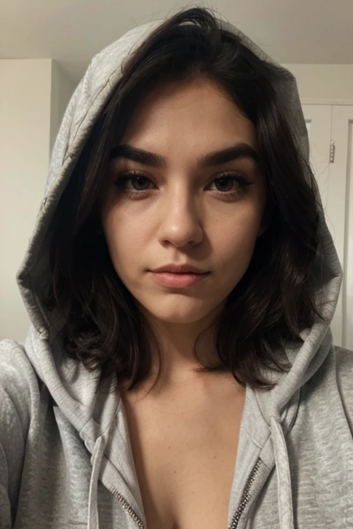 a white greek girl, rap style, medium brunette hair, wearing a grey hoodie and hood, is showing her naked small to the camera