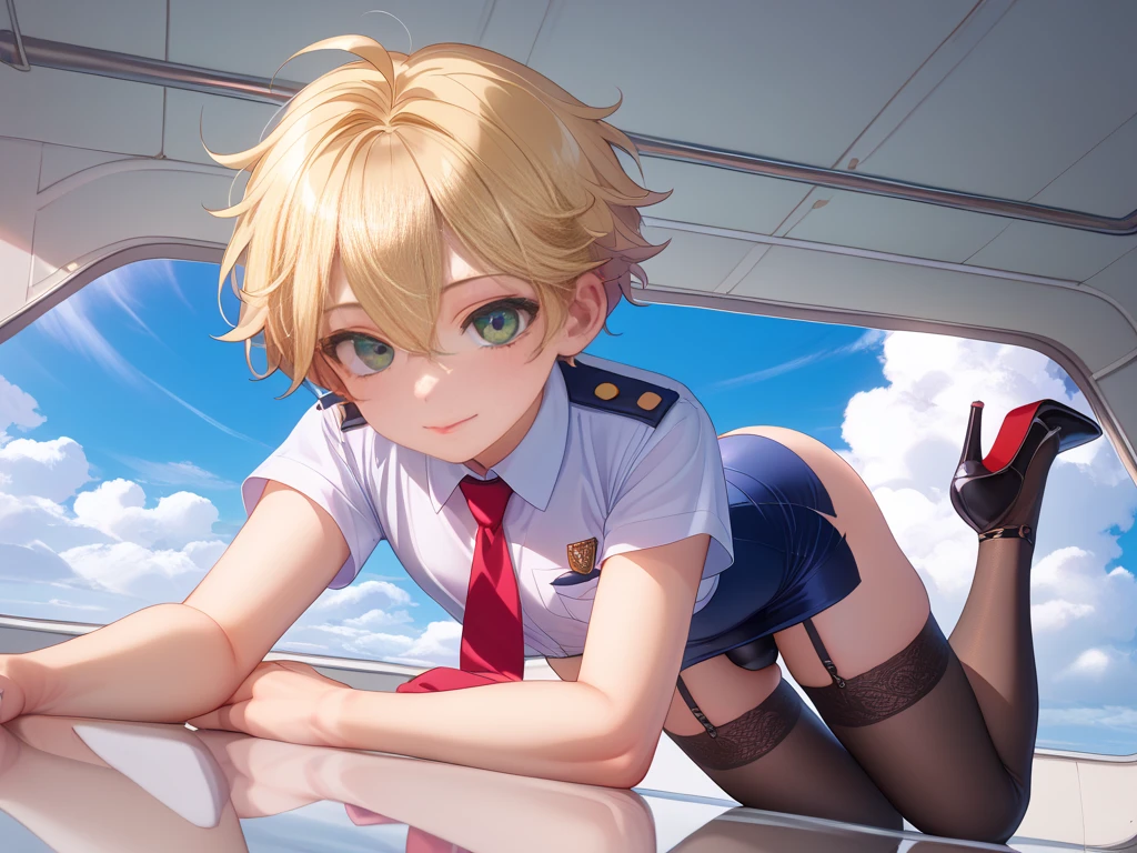 hiten kei style, claude monet, oil painting, nsfw, masterpiece, 1 girl, erect nipples, intricately detailed, ((topless)), navel, office skirt, pantyhose, bare shoulders, choker, erect nipples, puffy nipples, extremely detailed, photorealistic, octane render, 8 k, unreal engine, bare breasts, nipples, bare stomach, flight attendant, airplane interior, plane aisle, pillbox hat, smiling, collarbone, wet body, blonde hair, white curtain, window, interior, ray of lights, aqua eyes, very short hair, pixie cut hair, uneven bangs, arm straps, half gloves