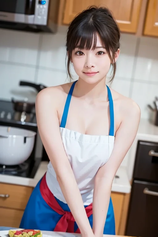 A woman is cooking, In the kitchen, Naked Apronを着用,(Naked Apron,Dark red apron,Short apron),(Hair Bun,curly,Black Hair),Medium Shot,smile,smile,Big round box,(cover-),Slim figure, Sweaty skin,(mole,pores),Realistic,Realistic:1.37, Tabletop, Highest quality,Hmph,Highly detailed skin,Detailed face,Amazing eye for detail,Beautiful and delicate,Detailed clothing,High resolution photos,Professional Light,Cinema Lighting, Cleavage、 Thighs、
